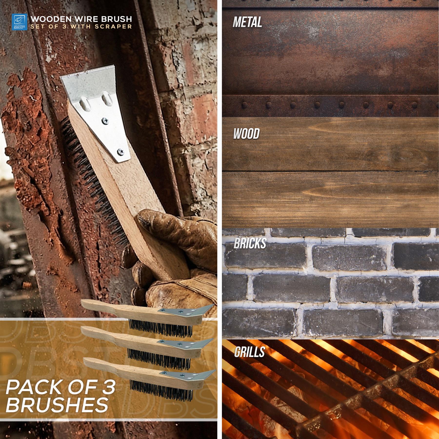 Wooden Wire Brush with Scraper | Single & Pack of 3