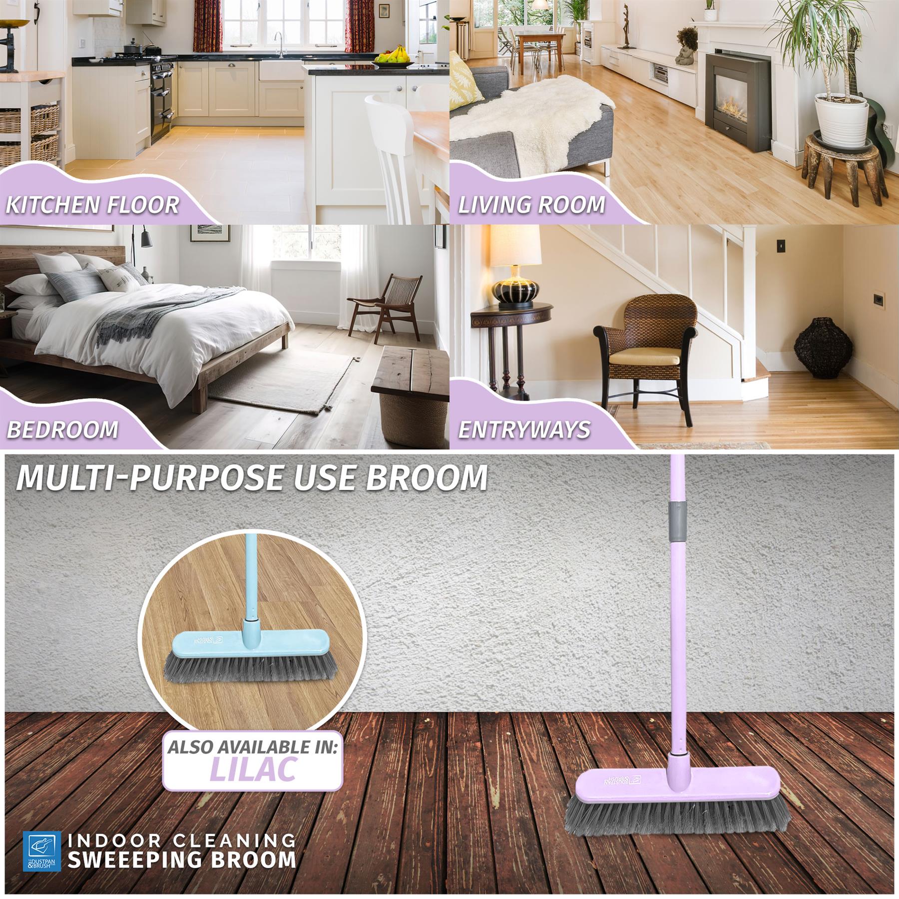 Indoor Sweeping Broom – Soft Bristle Floor Brush Duck Egg or Lilac