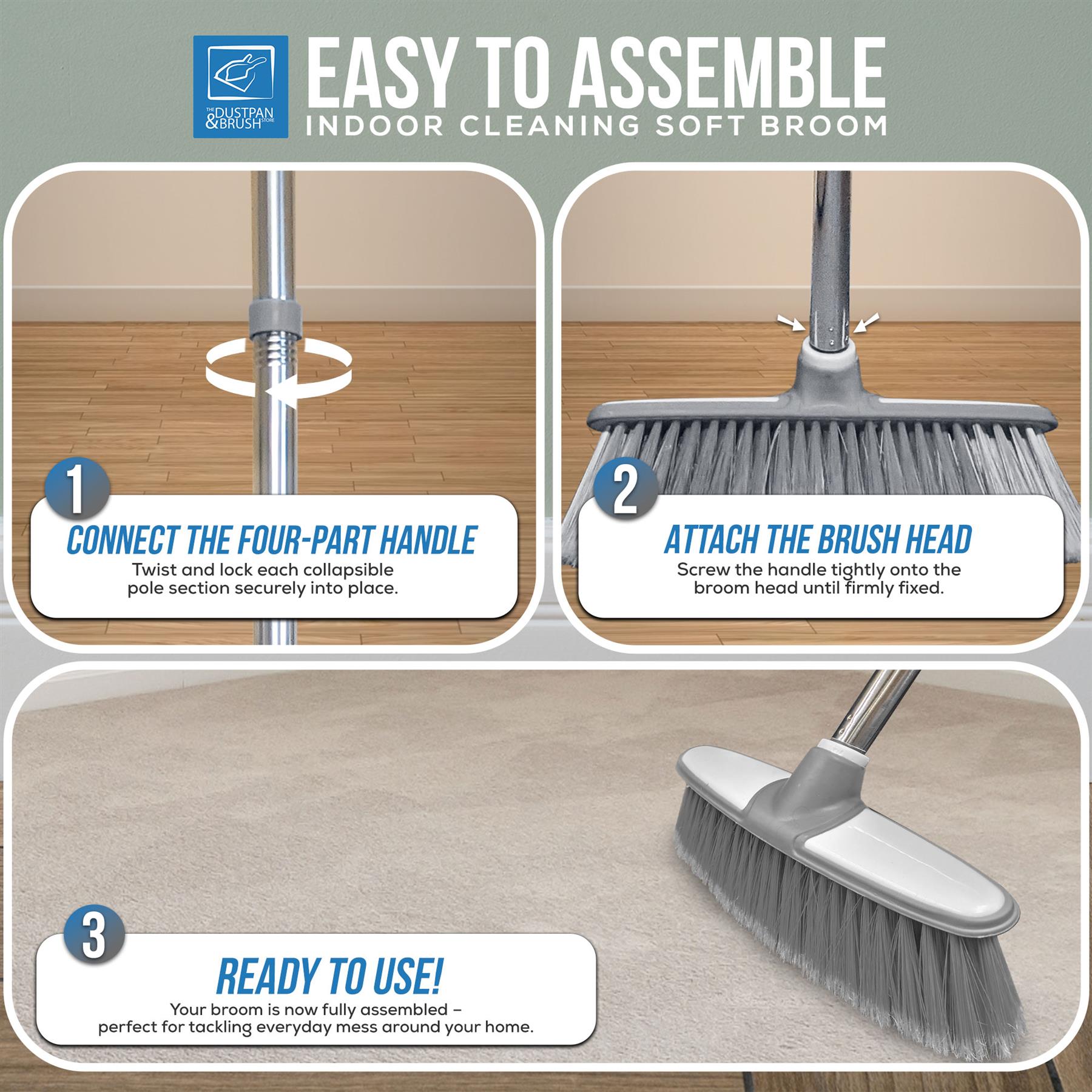 Grey & White Indoor Broom with 4 Piece Handle
