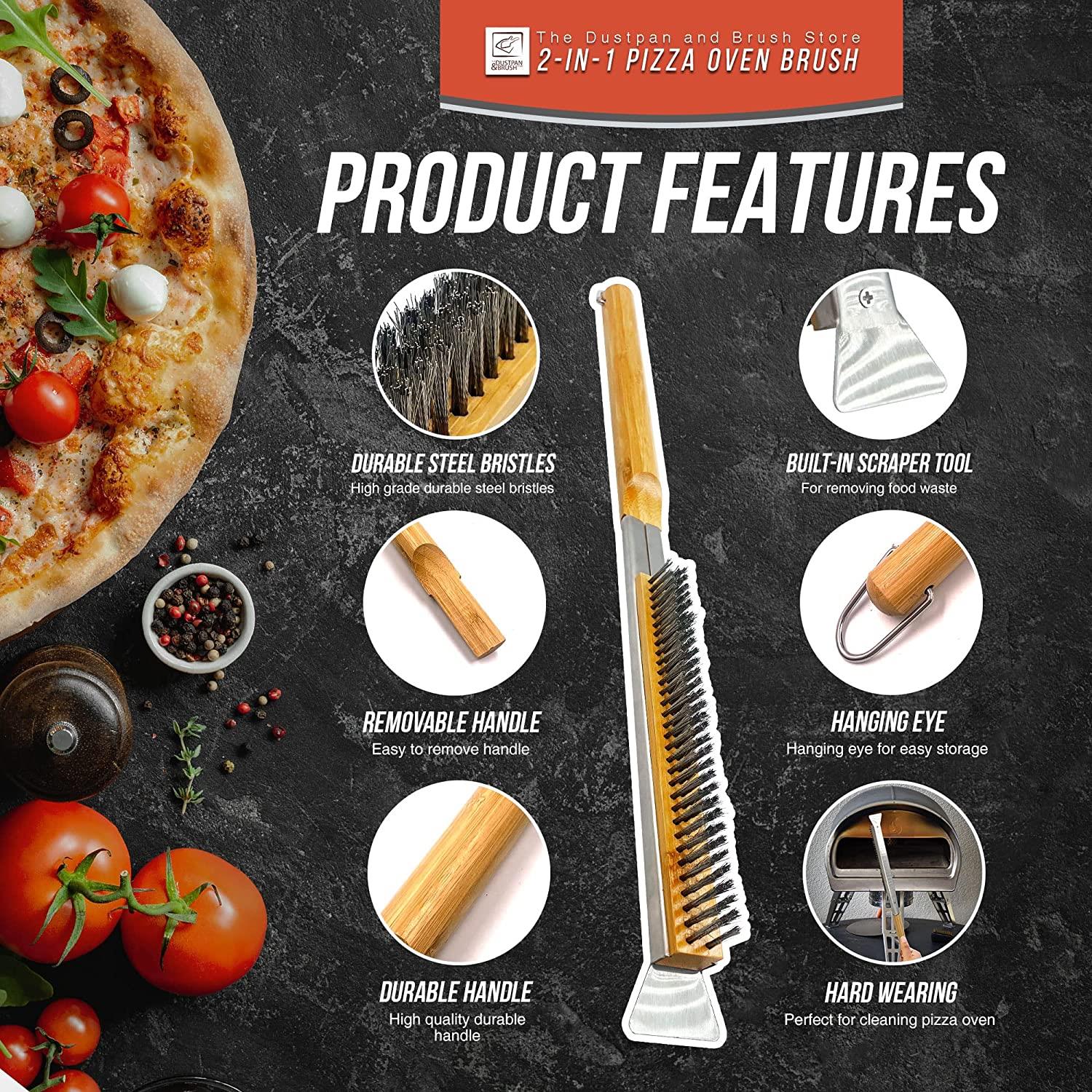 Compact Pizza Oven Brush with Scraper & Steel Bristles