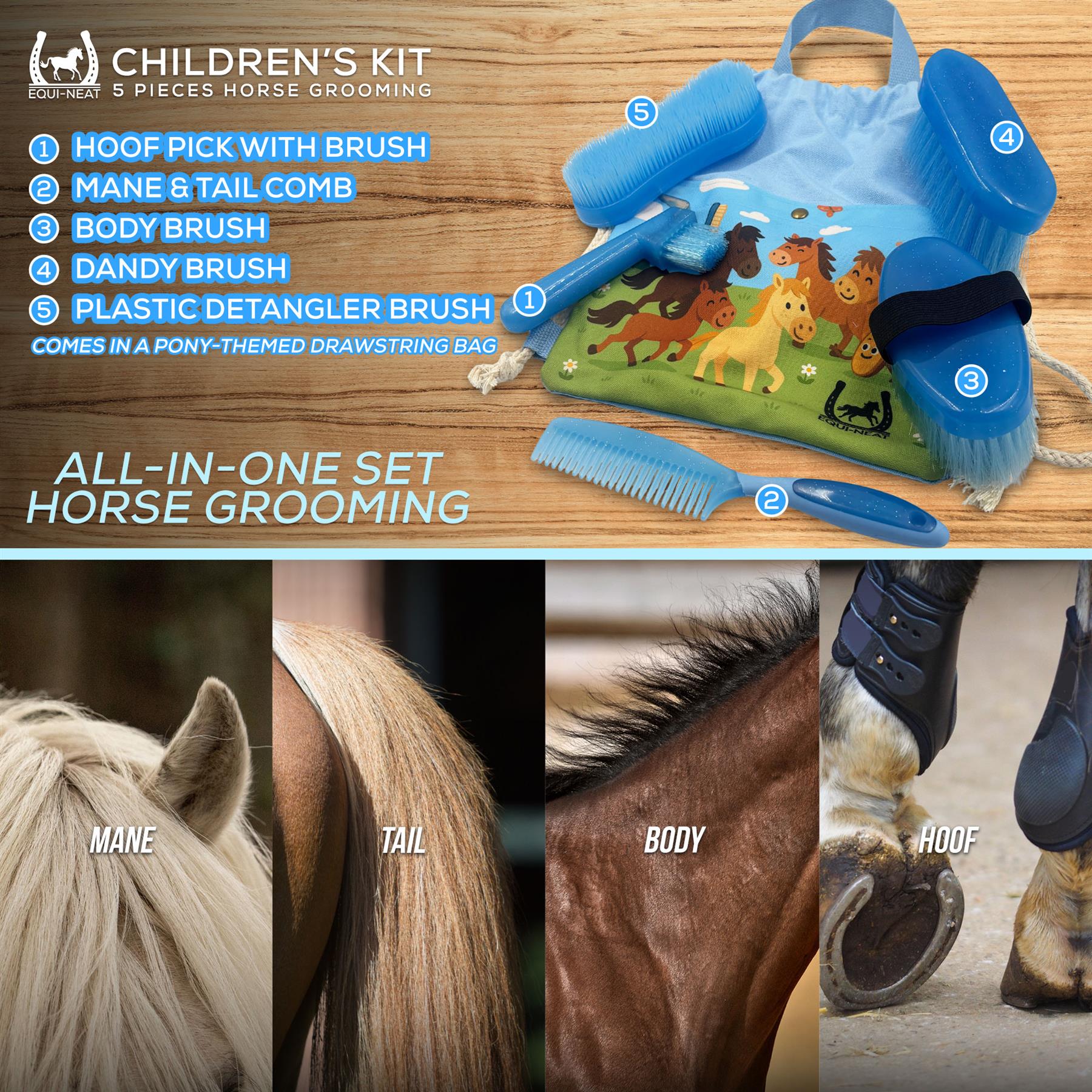 Equi-Neat Kids Horse Grooming Kit Blue – 5 Piece Set