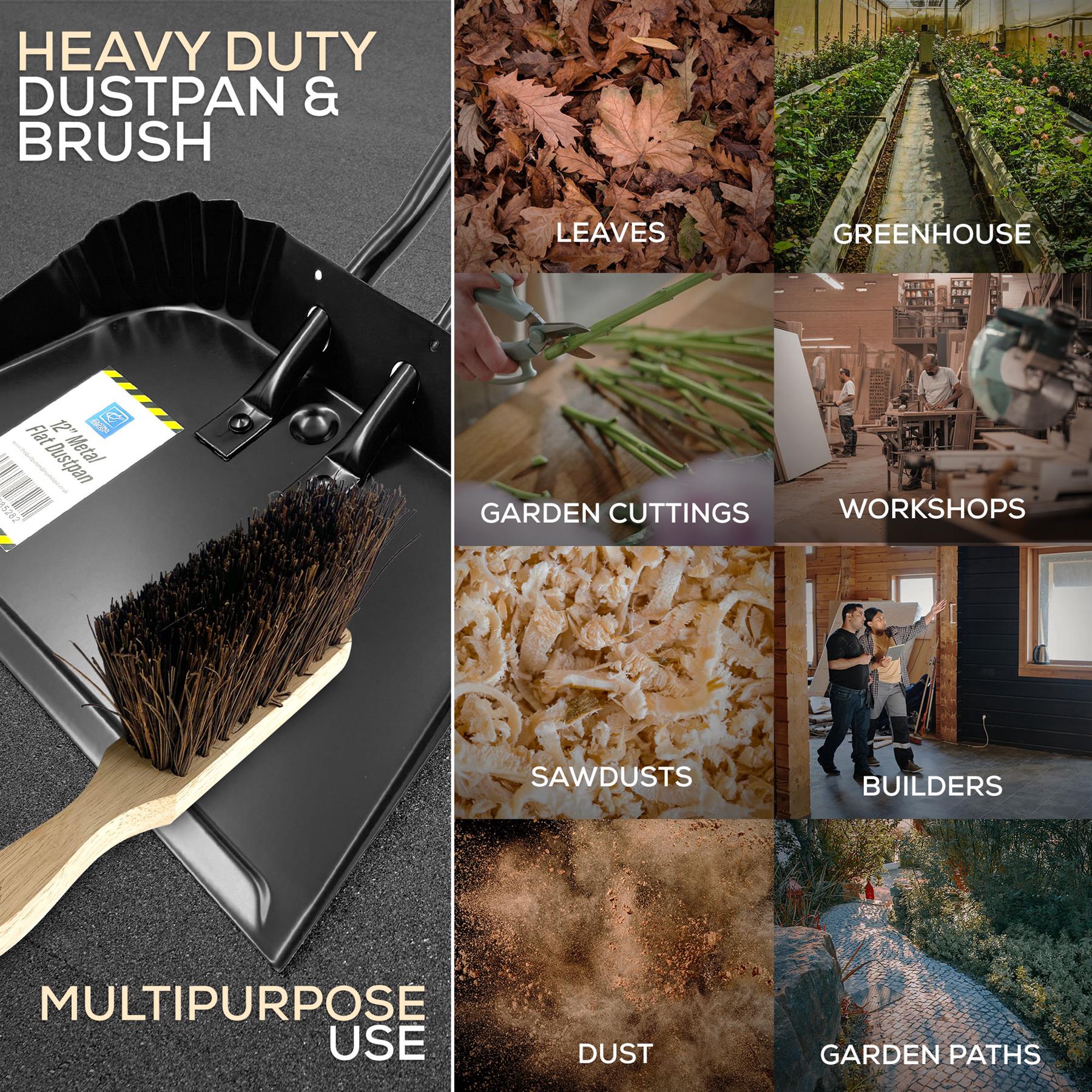 12" Metal Dustpan and Brush Set | Stiff Bassine Heavy Duty Sweeper