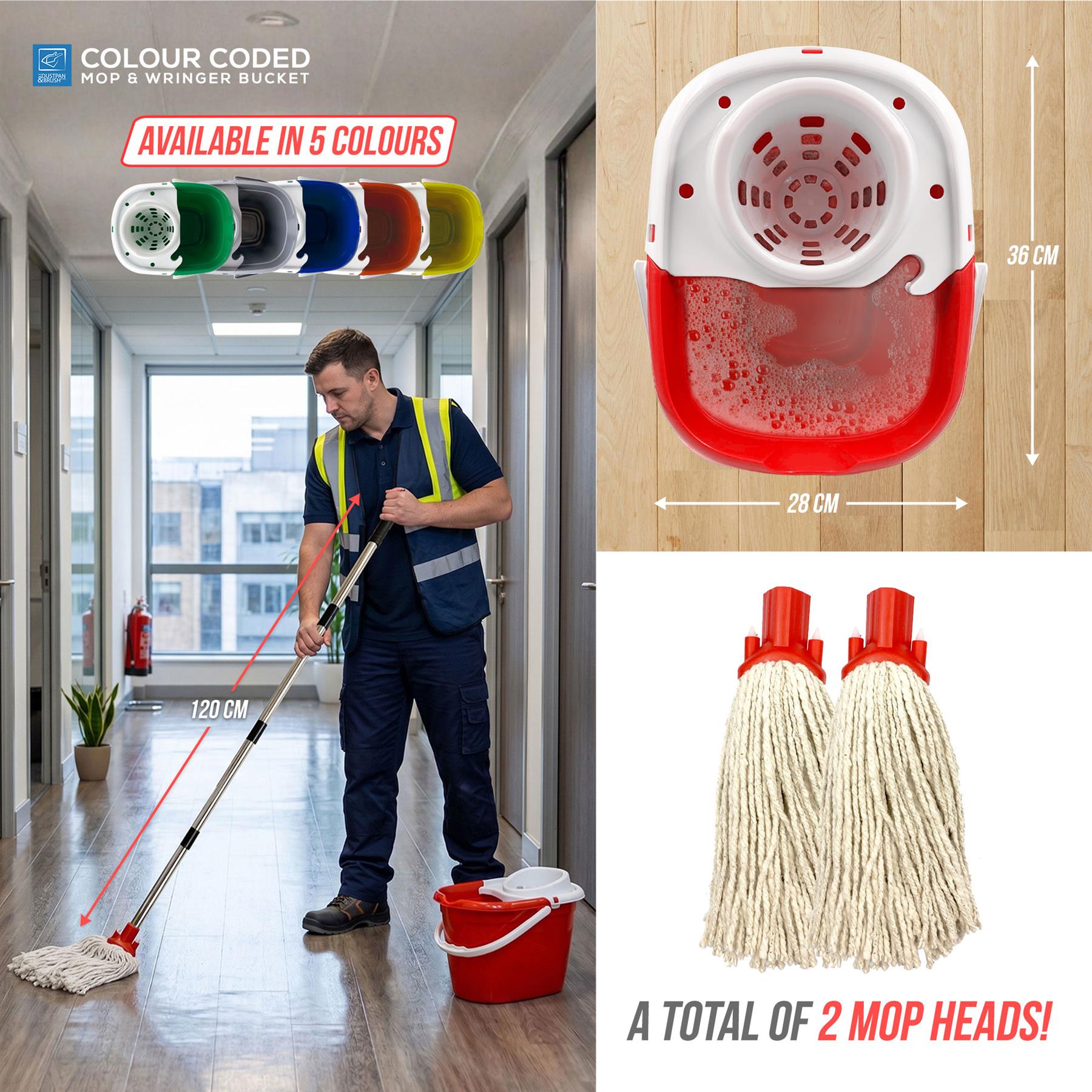 Red Mop Bucket Set with 2 Cotton Mop Heads & Handle