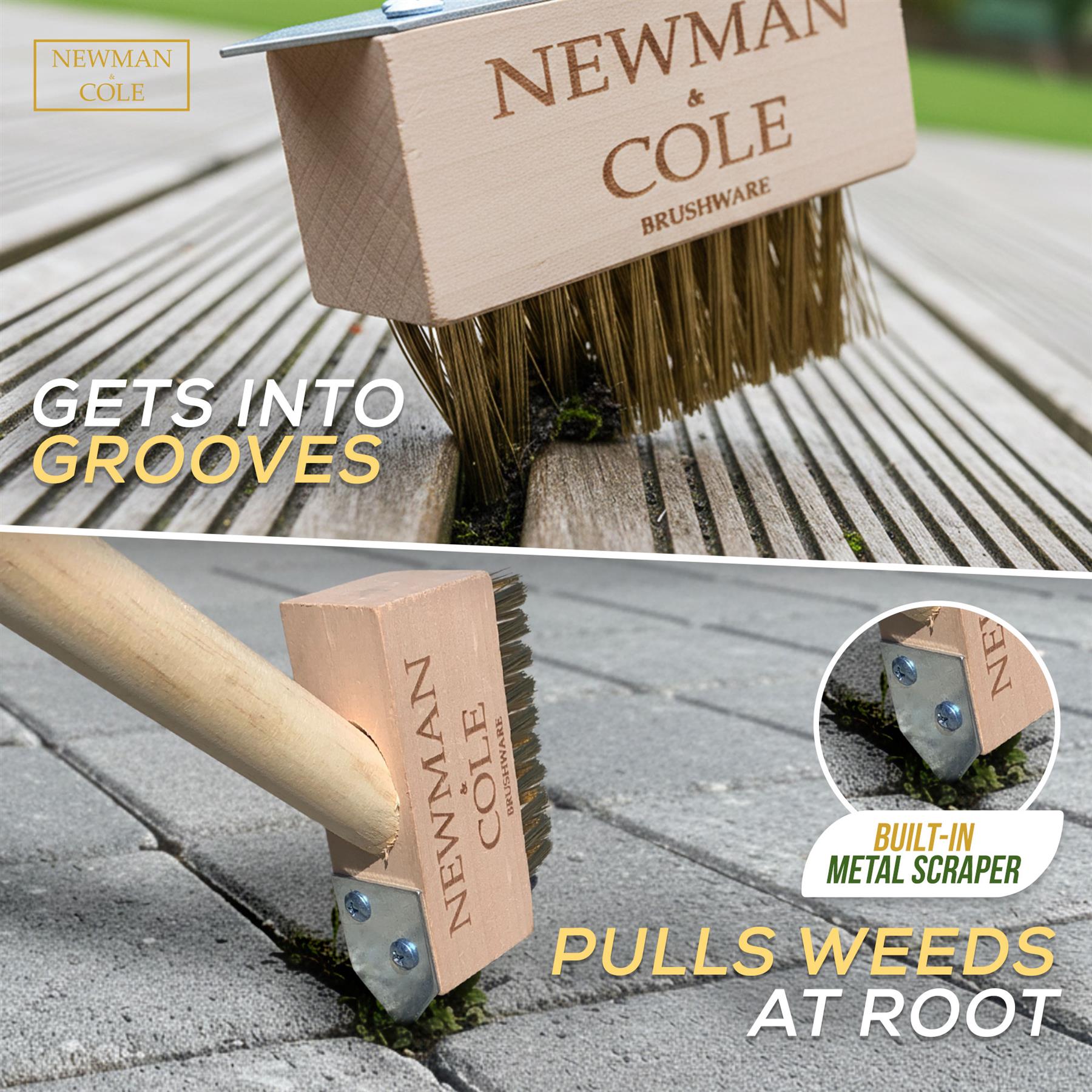 Newman and Cole Weed Brush with Scraper – Long Handle Patio Brush