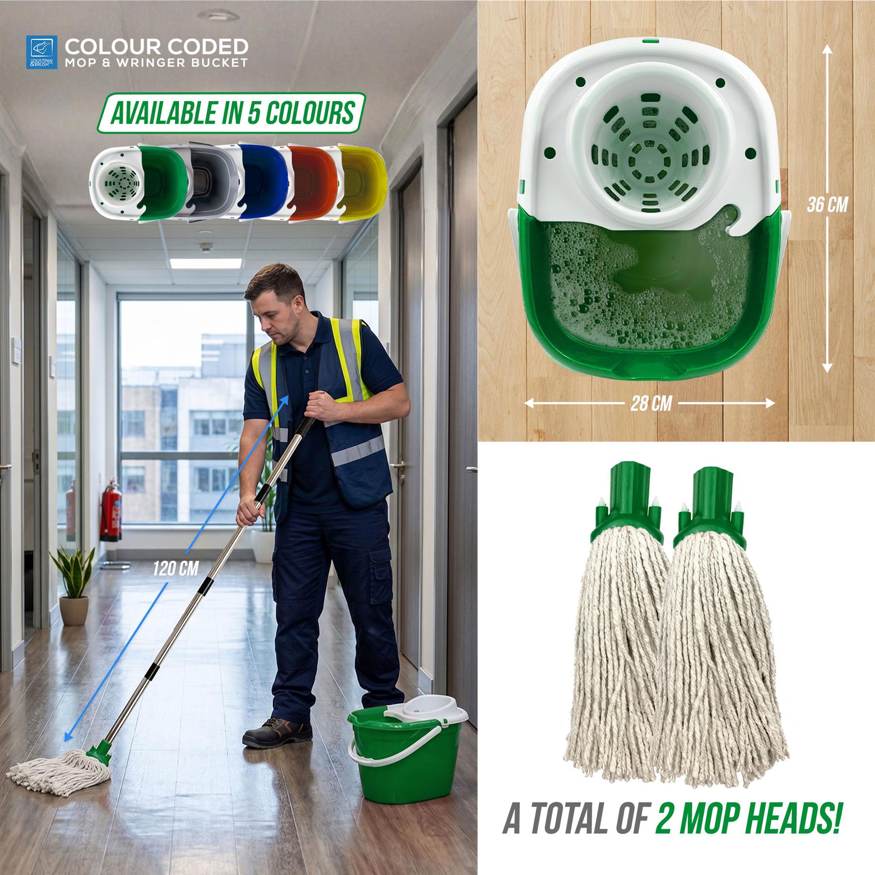 Green Mop Bucket Set with 2 Cotton Mop Heads & Handle