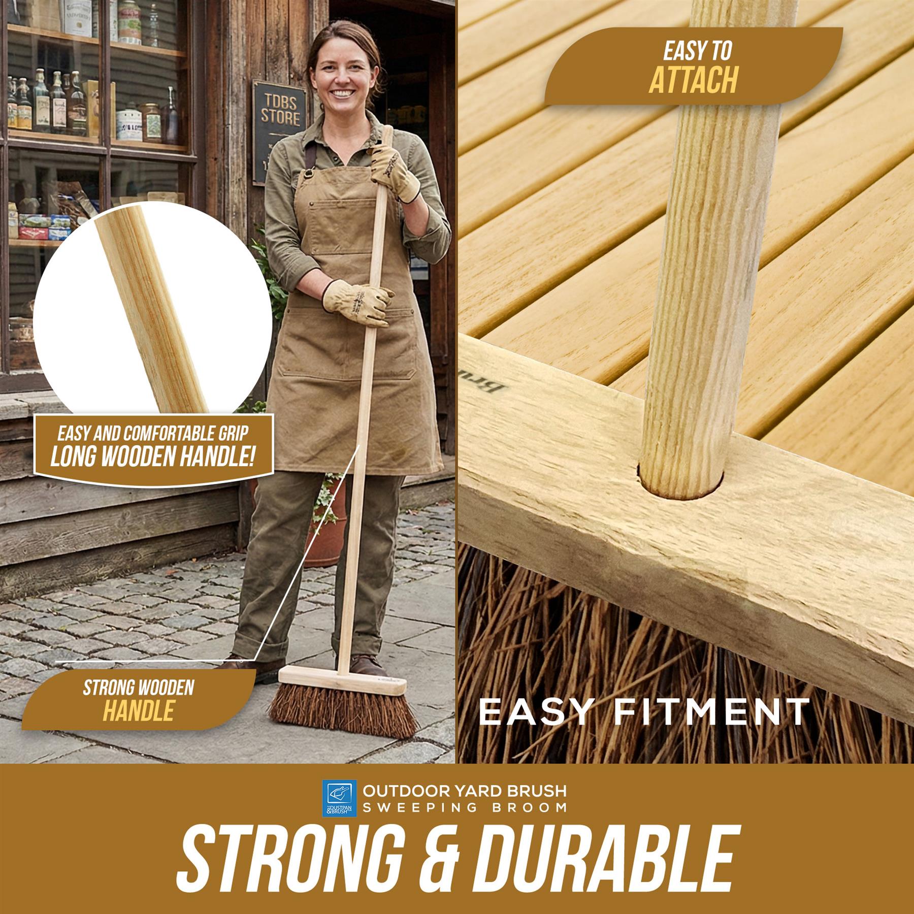 10" Stiff Bassine Broom with Wooden Handle – Outdoor Yard Brush