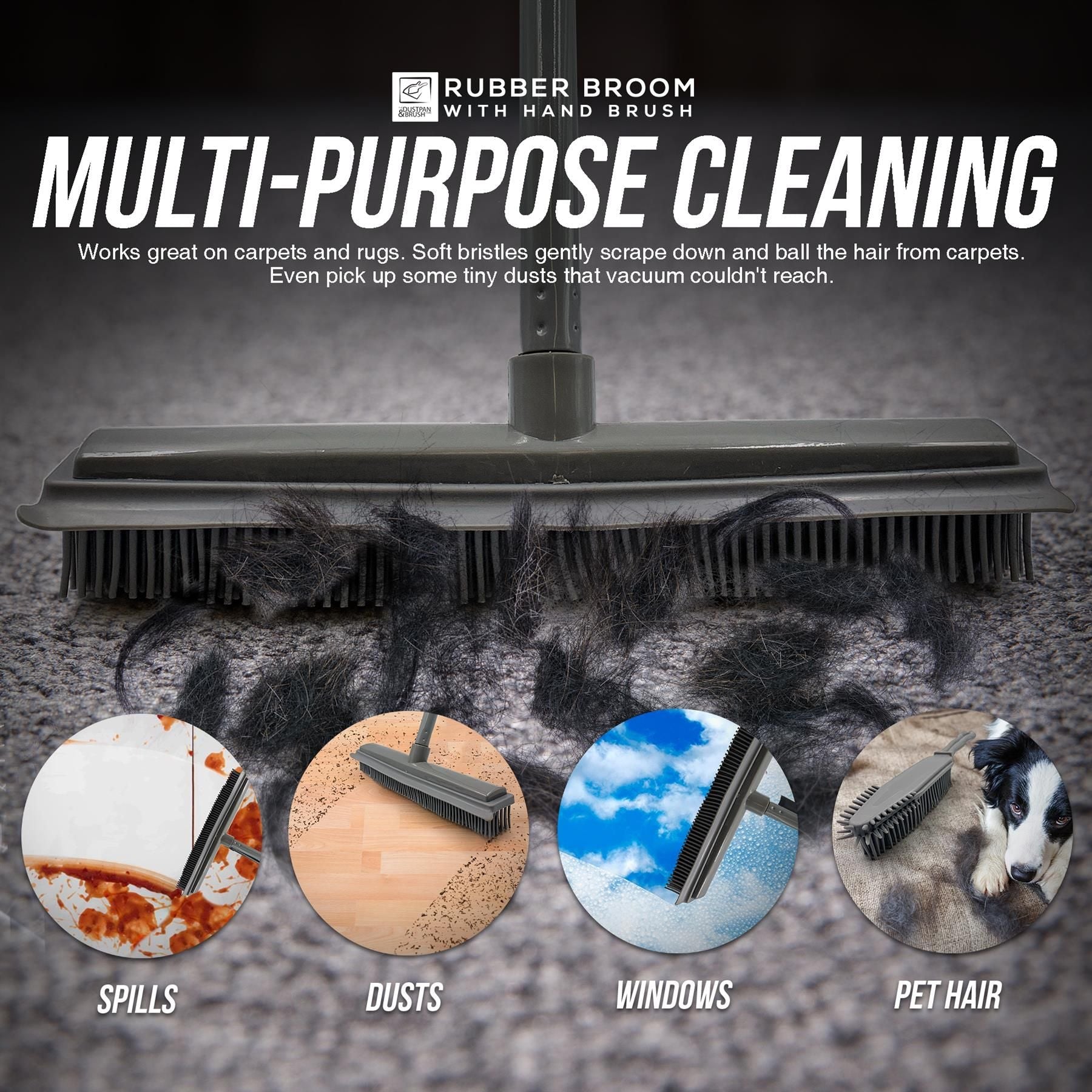Grey Rubber Broom and Hand Brush Set for Pet Hair