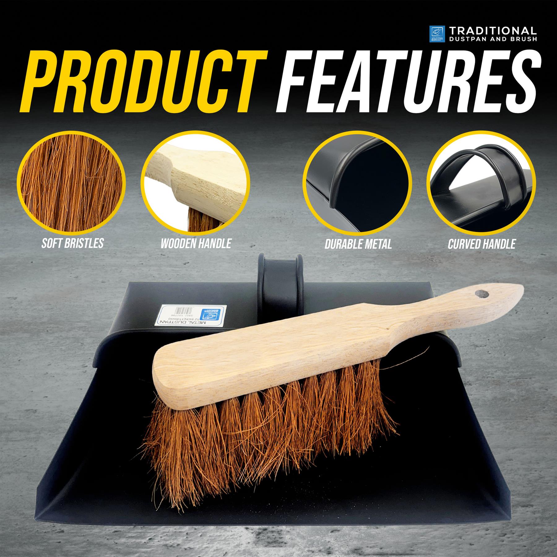 Metal Hooded Dustpan and Brush Set with Soft Coco Brush