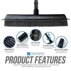 Rubber Broom with Extending Handle for Pet Hair & Squeegee