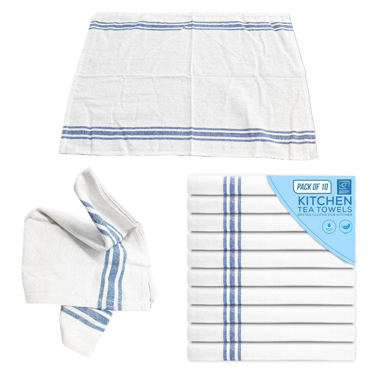 Blue & White Caterers Tea Towels Pack of 10 | Cotton Kitchen Towels