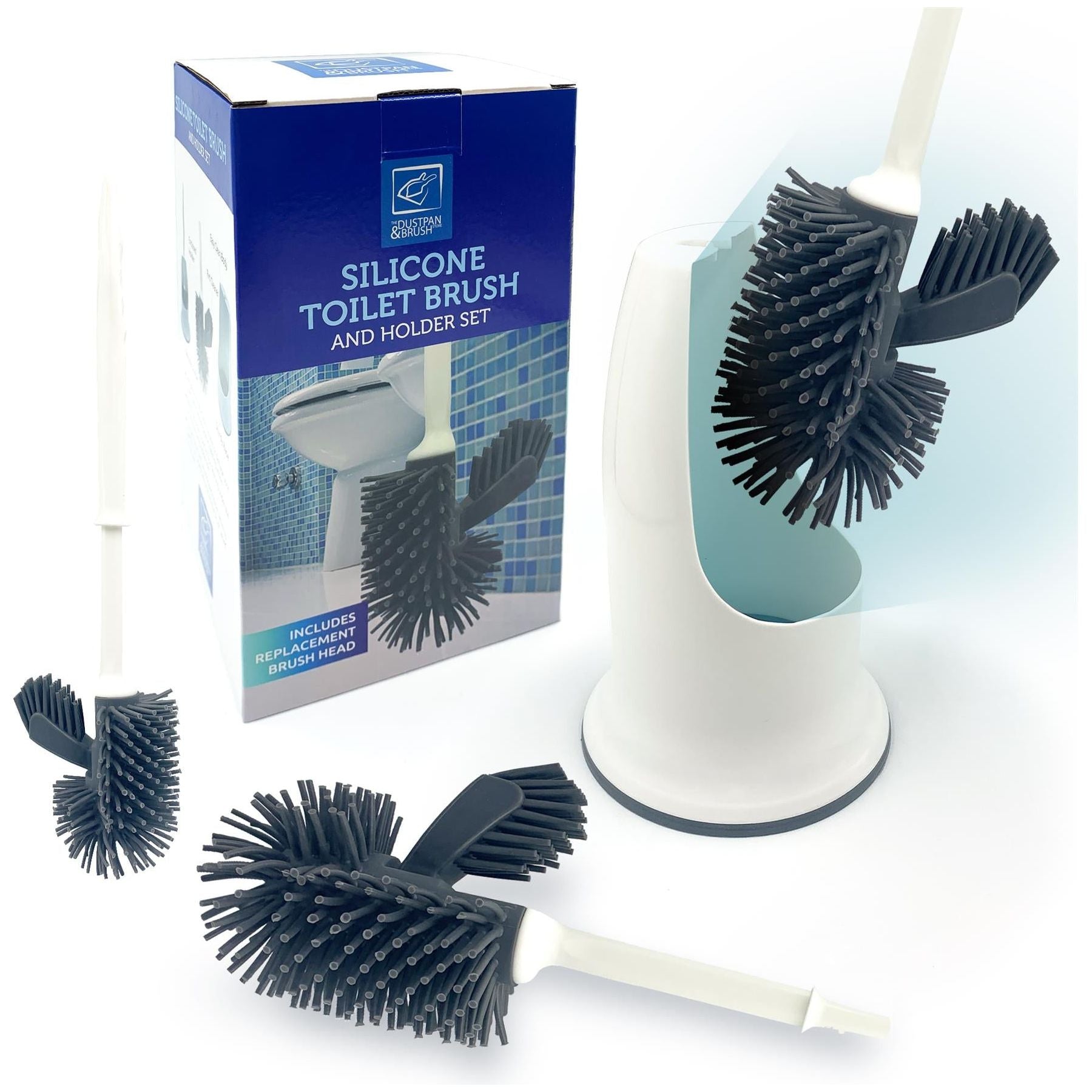 Silicone Toilet Brush Set with Spare Head & Rim Cleaner