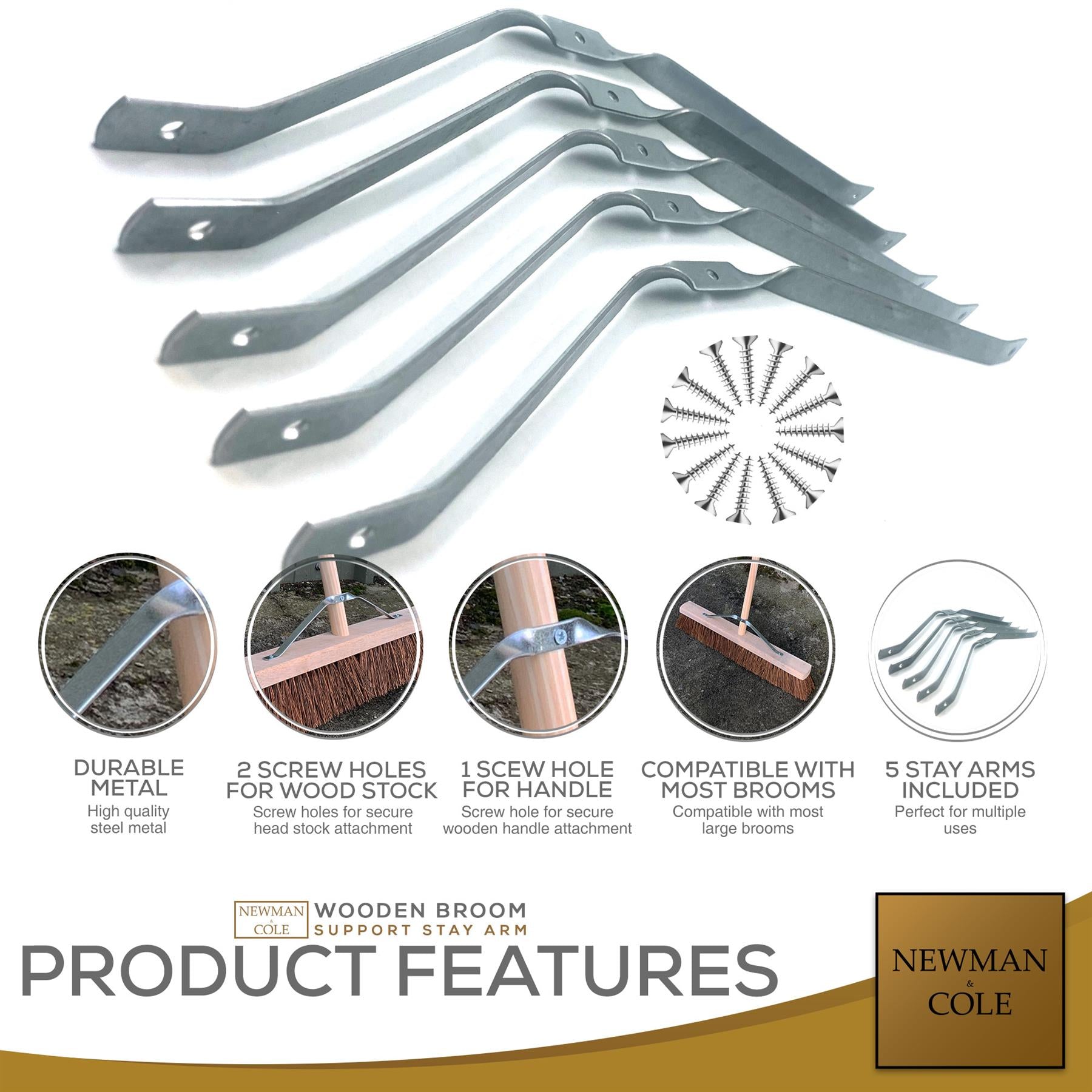 Newman & Cole Metal Broom Stays with Screws | Pack of 5