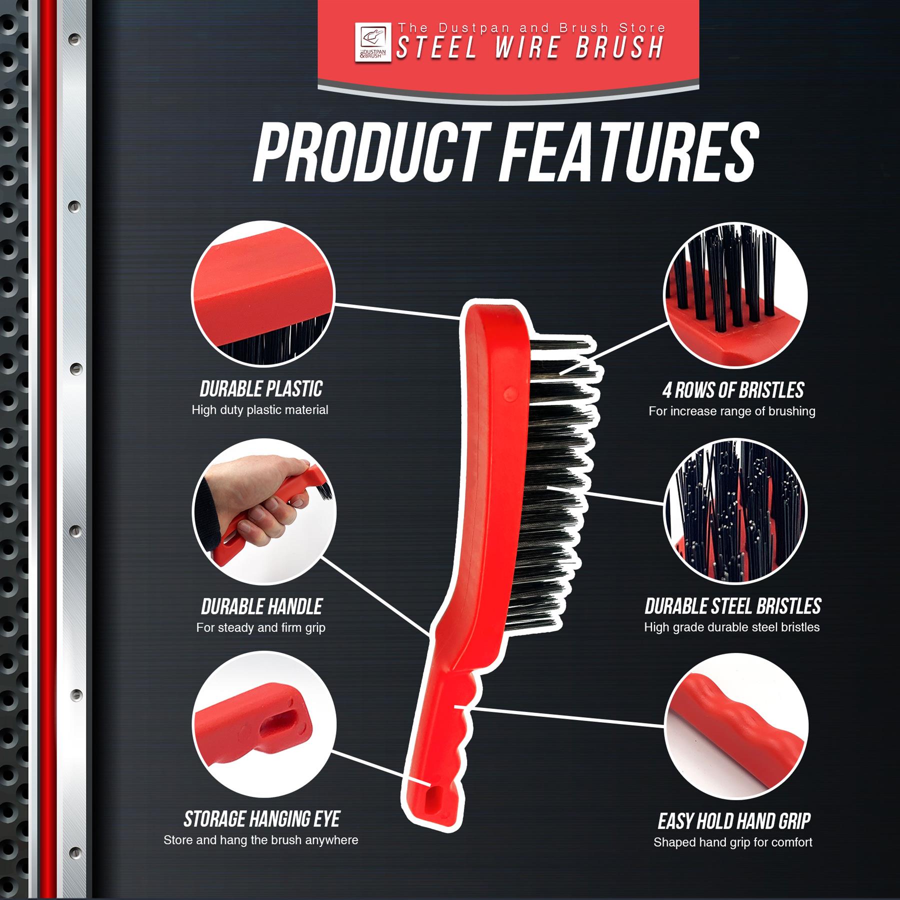 Heavy Duty Wire Brush with Plastic Handle | 4 Row Metal Bristle Brush