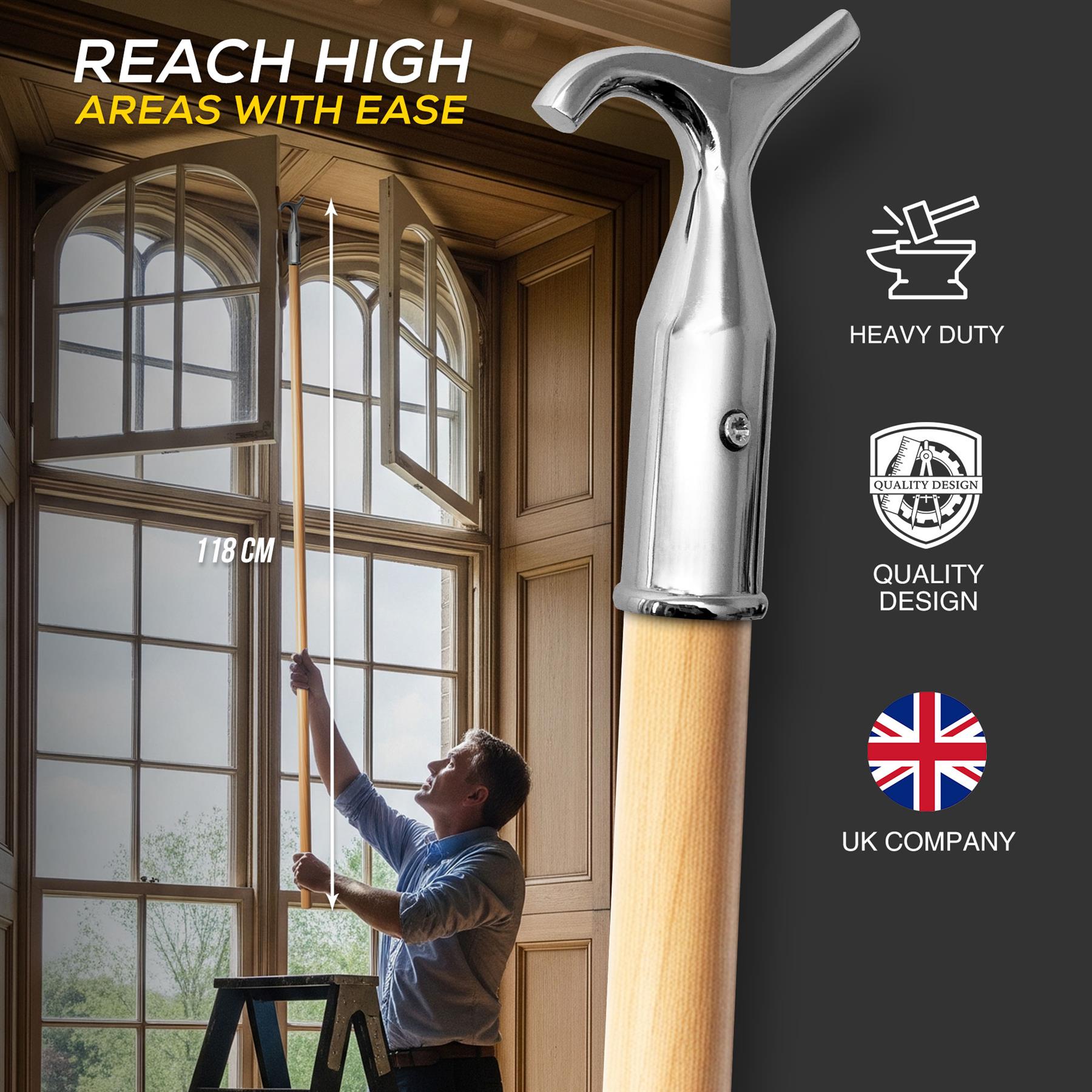 4ft Chrome Window Pole with Wooden Handle for High Windows