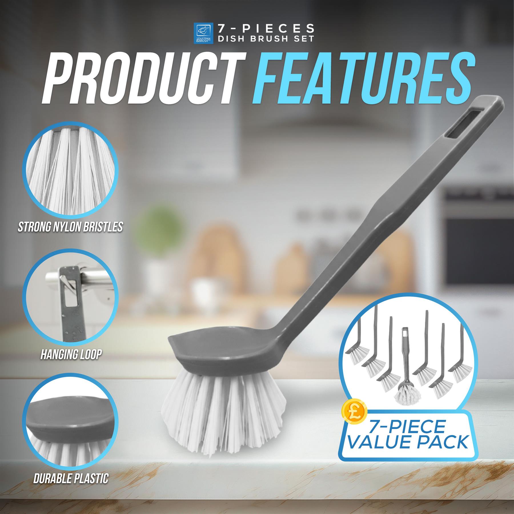 Round Dish Brushes Pack of 7 | Washing Up Brushes with Scraper