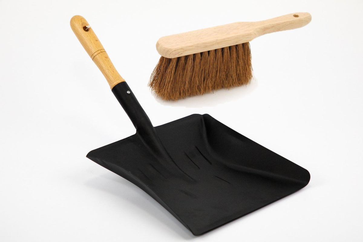 Black Metal Coal Shovel with Wooden Handle & Soft Coco Brush
