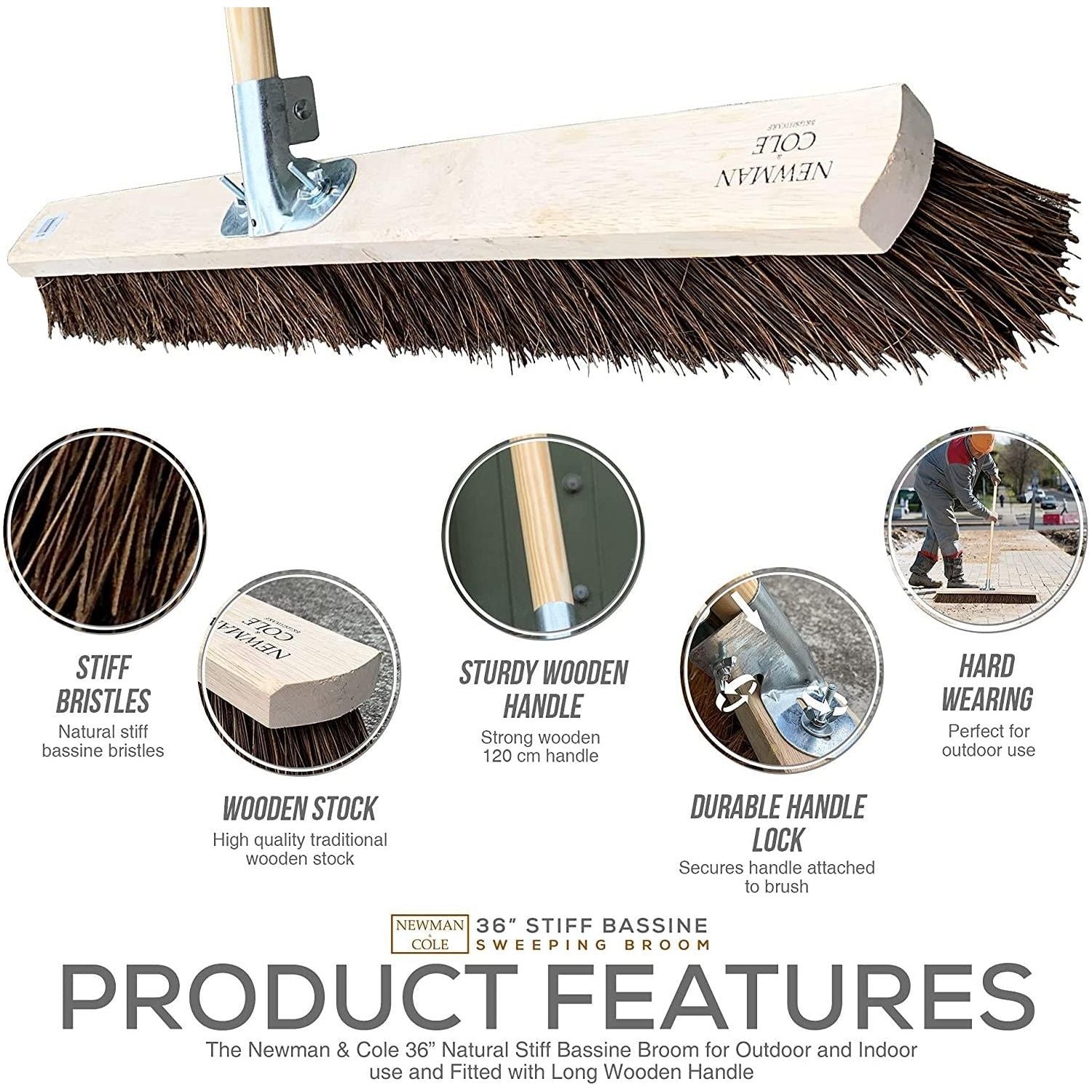 36" Newman and Cole Large Stiff Natural Bassine Broom Head with Hole