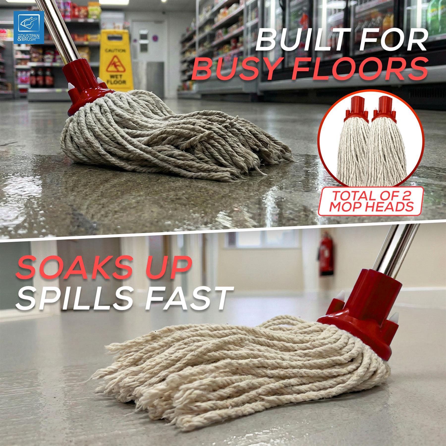 Red Mop Bucket Set with 2 Cotton Mop Heads & Handle