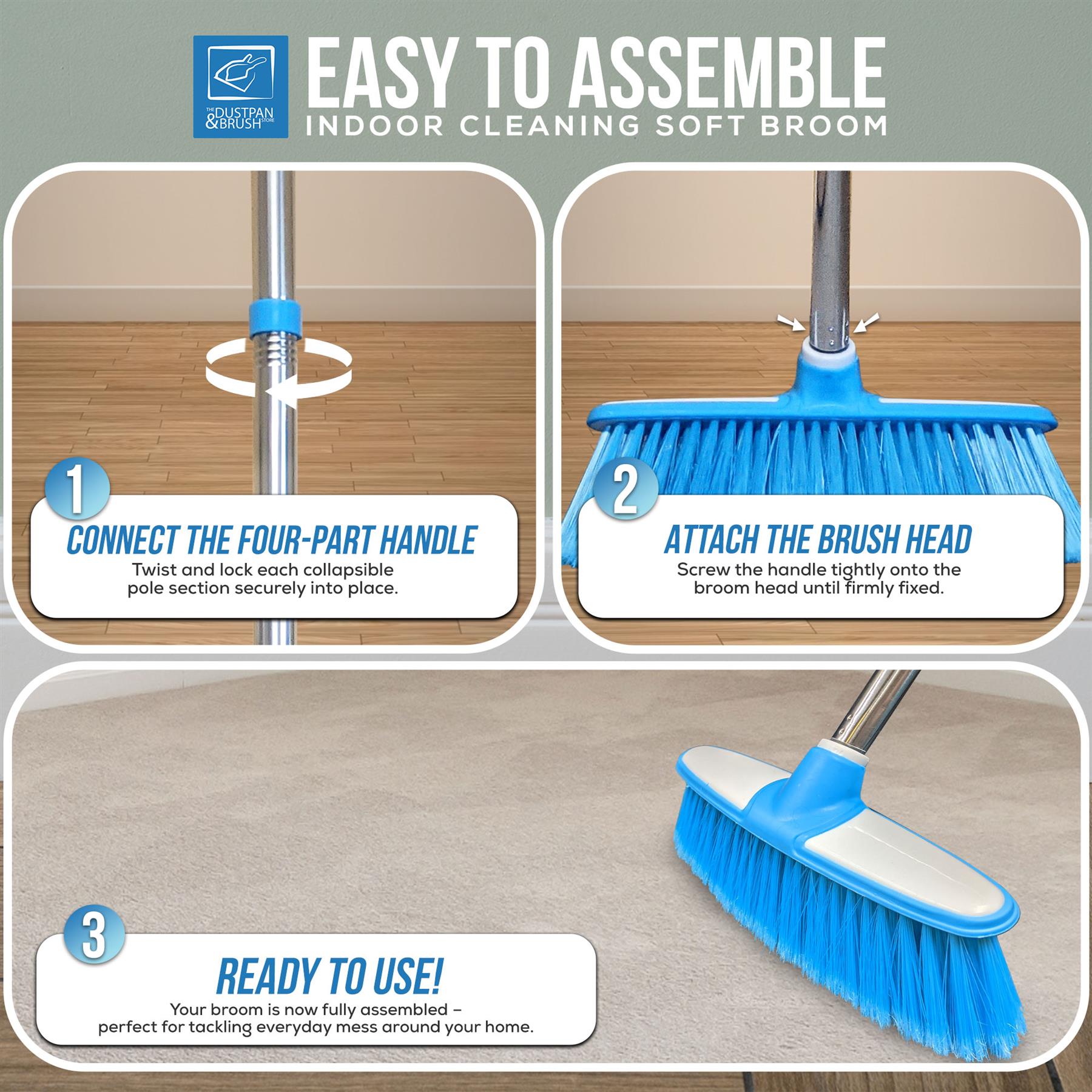 Blue & White Indoor Broom with 4 Piece Stainless Steel Handle
