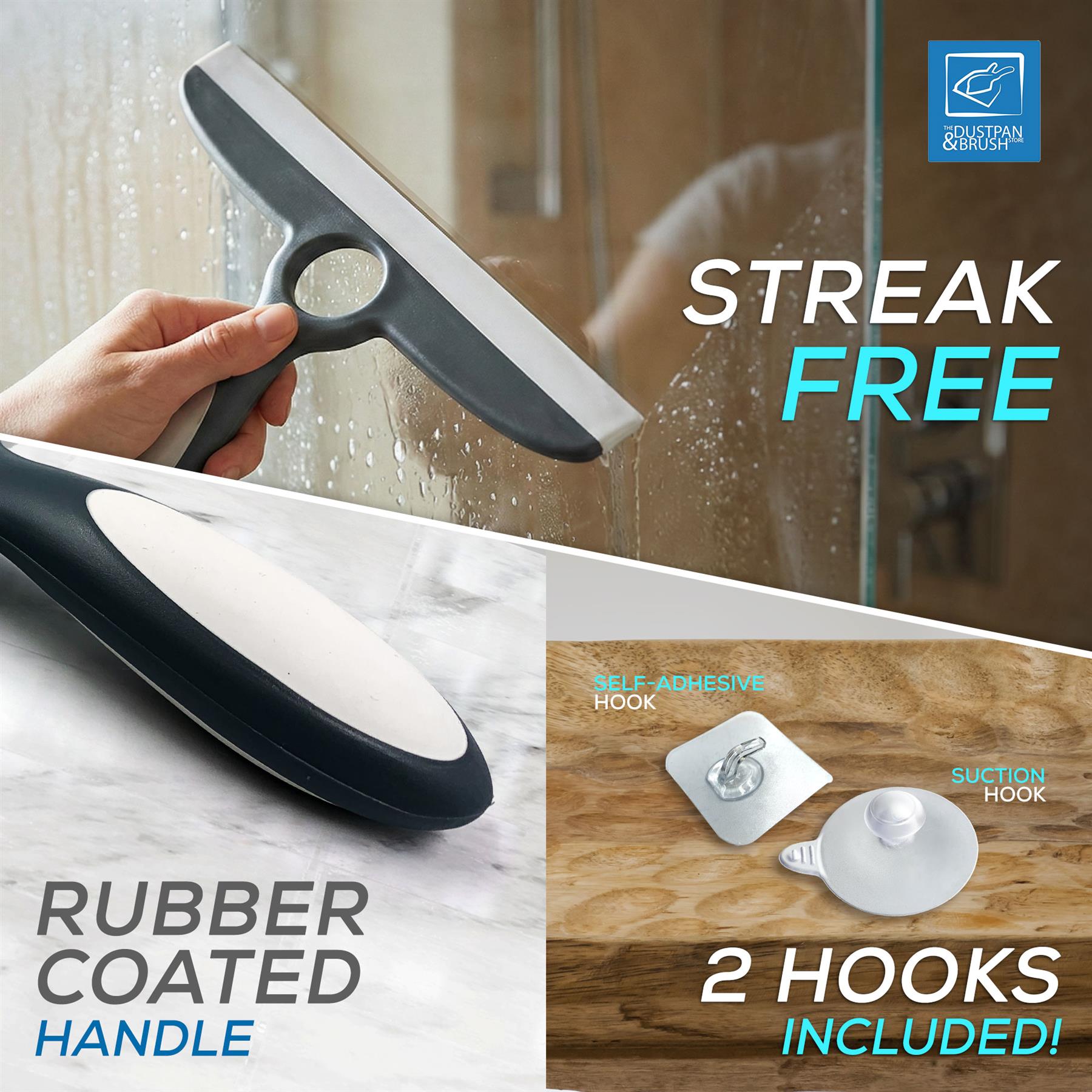 Deluxe Grey Shower Squeegee for Shower Screens with Wall Hooks