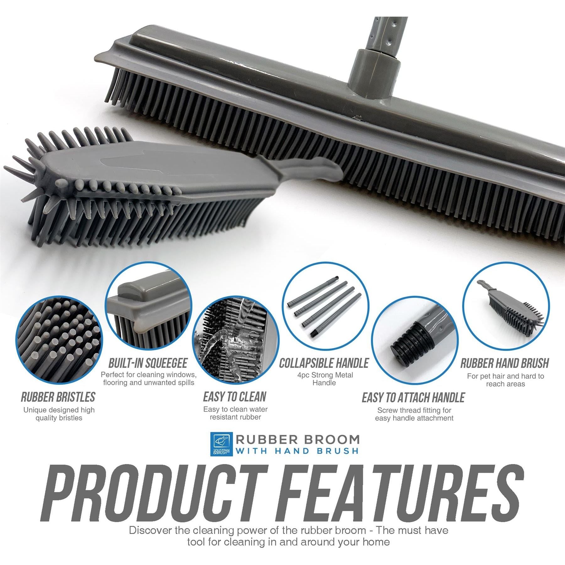 Grey Rubber Broom and Hand Brush Set for Pet Hair