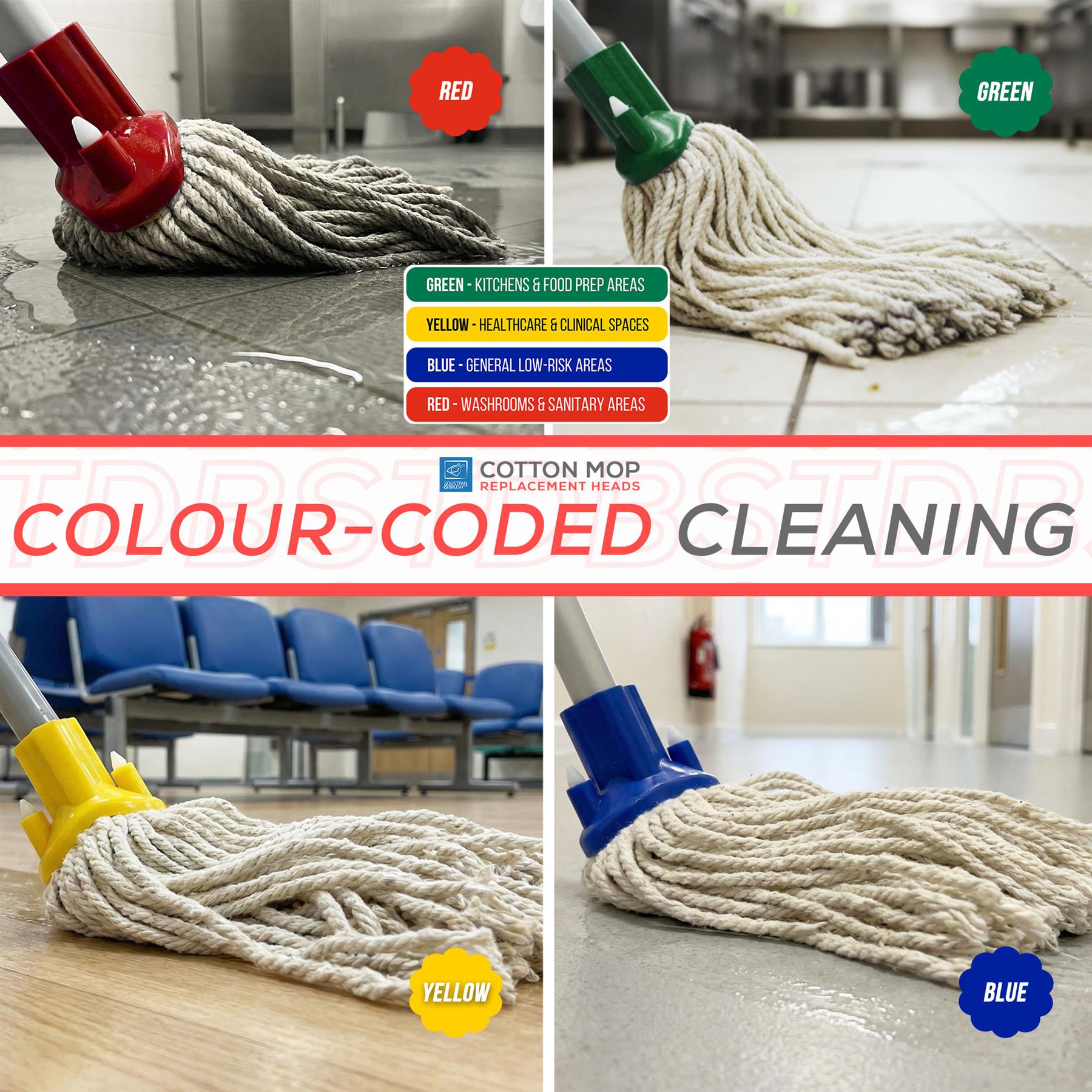 Red Cotton Mop Heads 12PY Pack of 5 | Colour Coded Cleaning