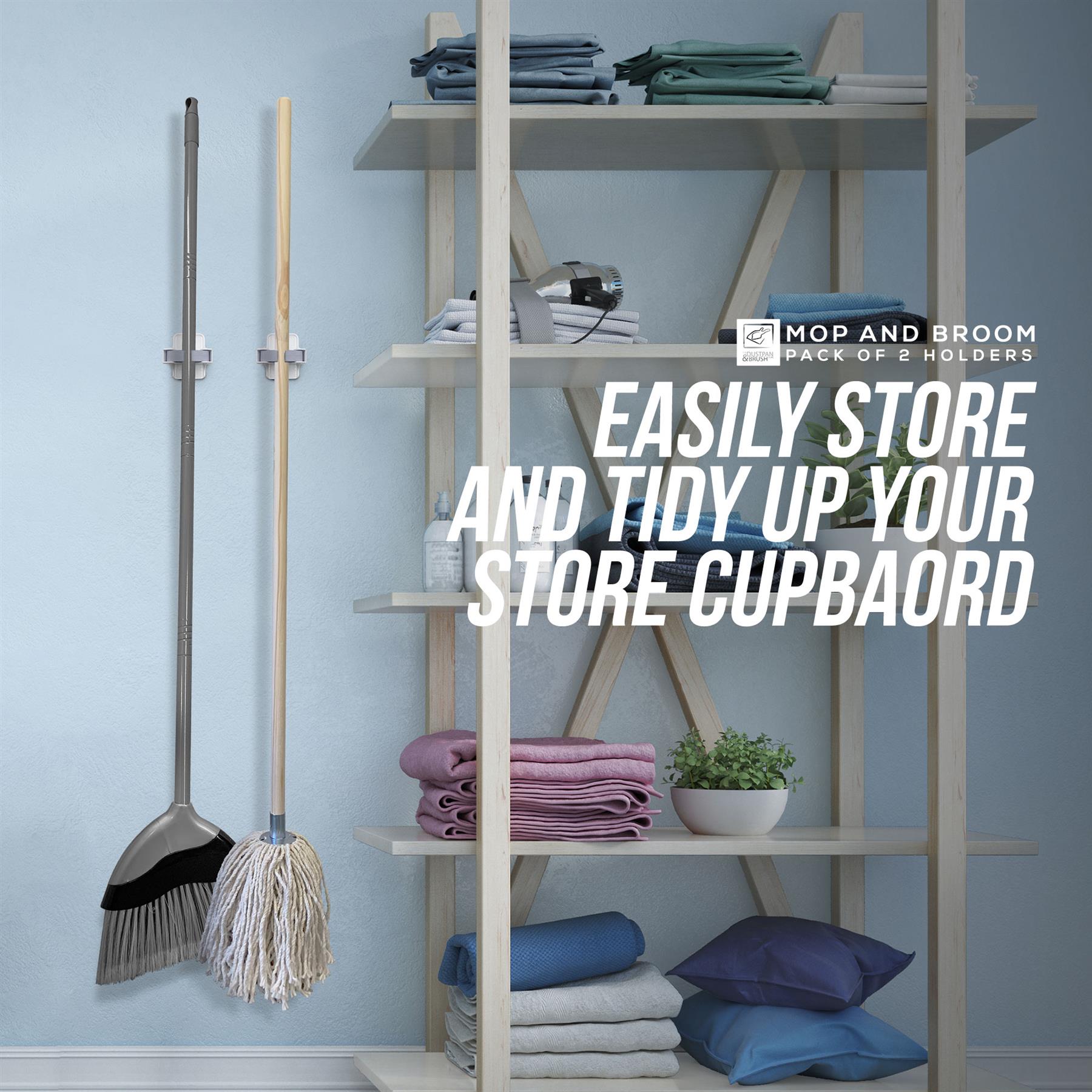 Broom & Mop Holder (Pack of 2) - Wall Mounted with Adhesive Grip