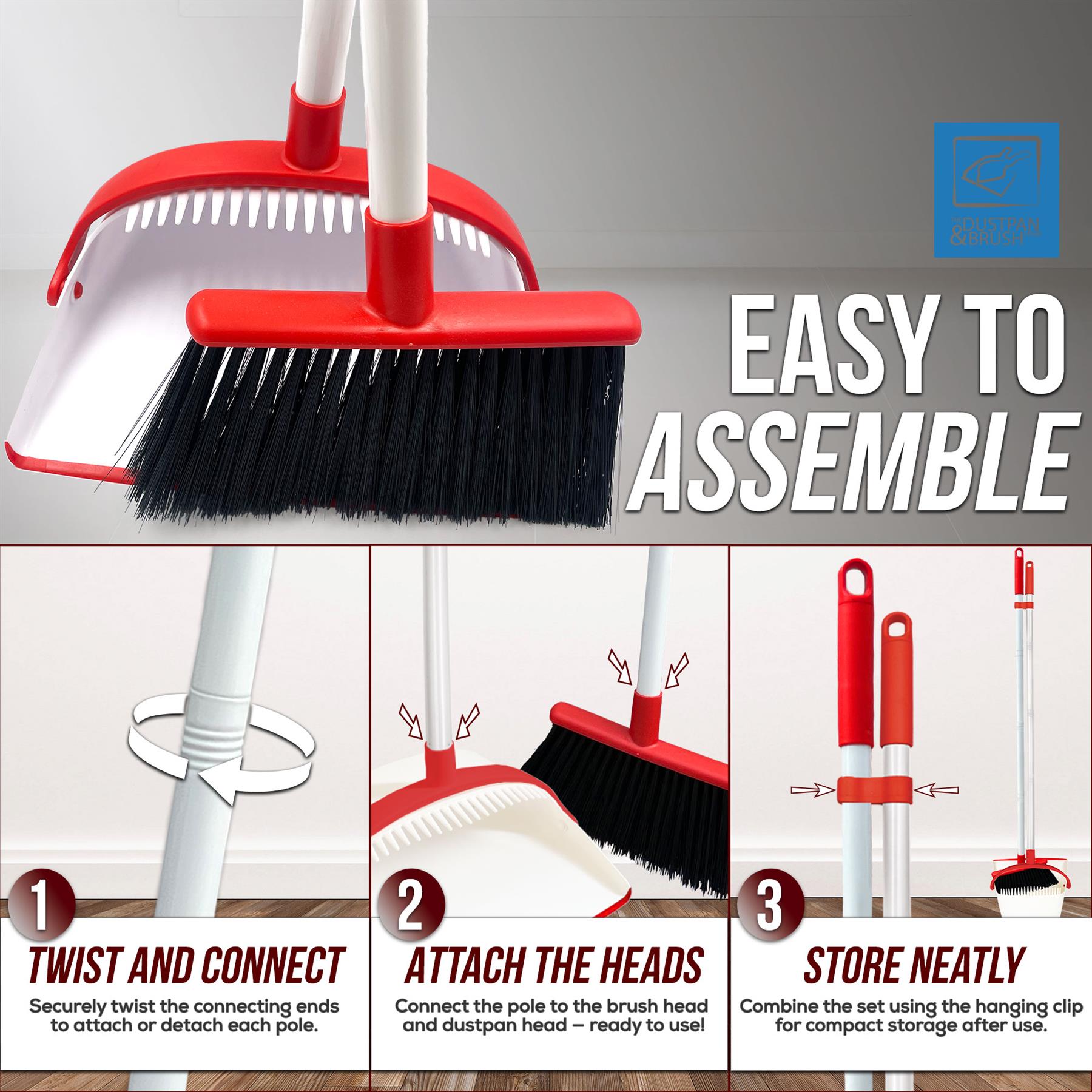 White & Red Long Handled Dustpan and Brush Set