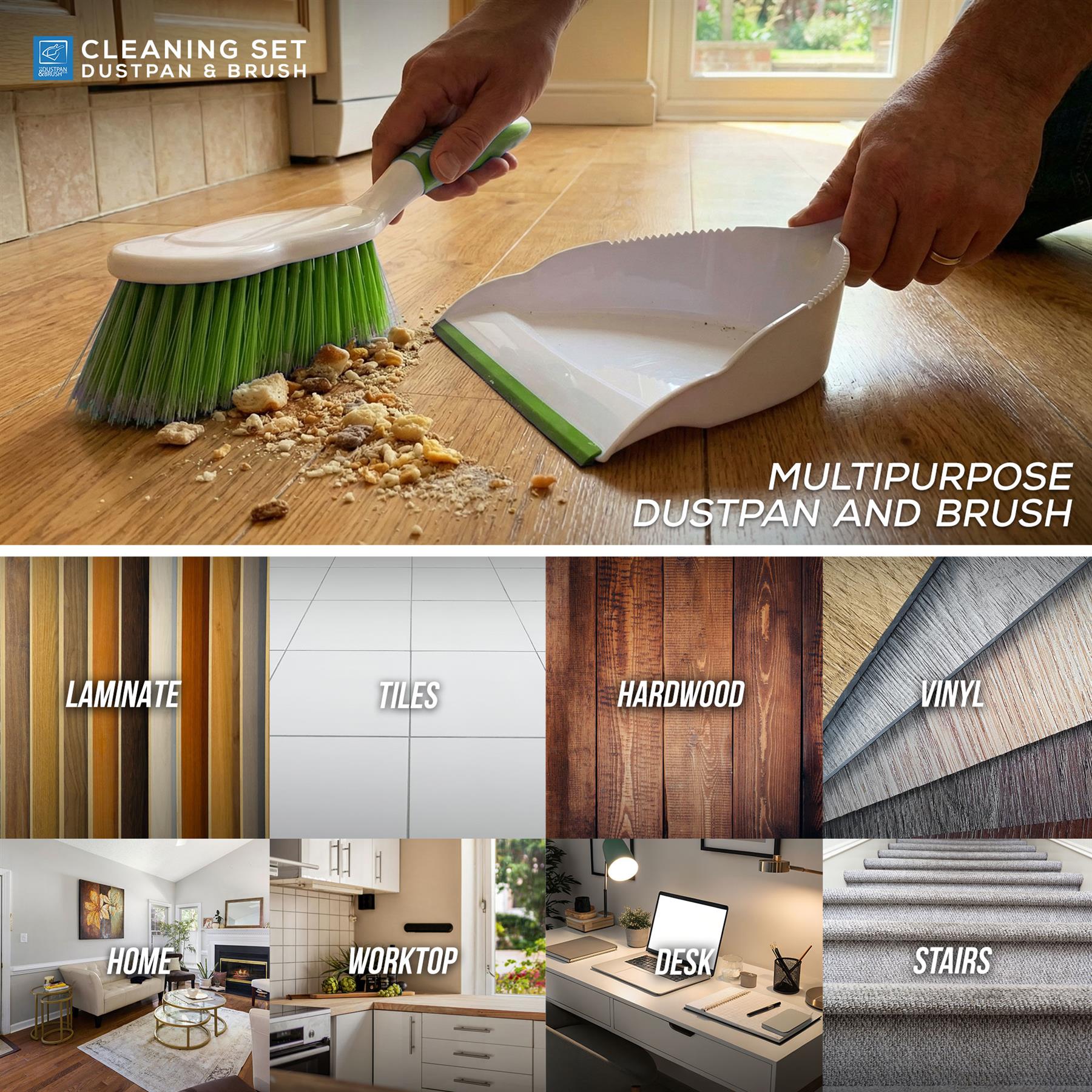 Deluxe Dustpan and Brush Set Green | Soft Grip Hand Brush