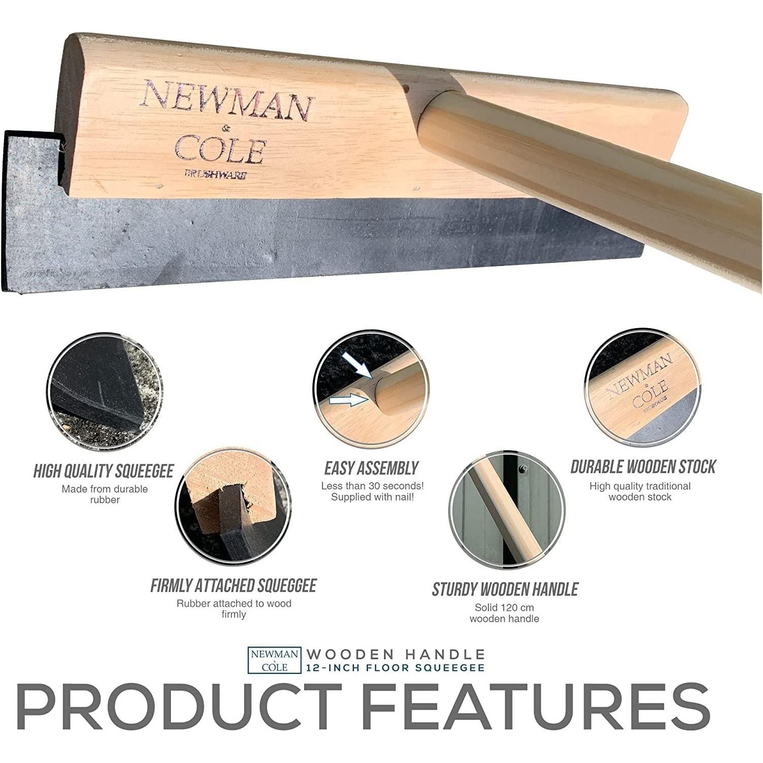 12" Newman and Cole Wooden Rubber Floor Squeegee and Handle