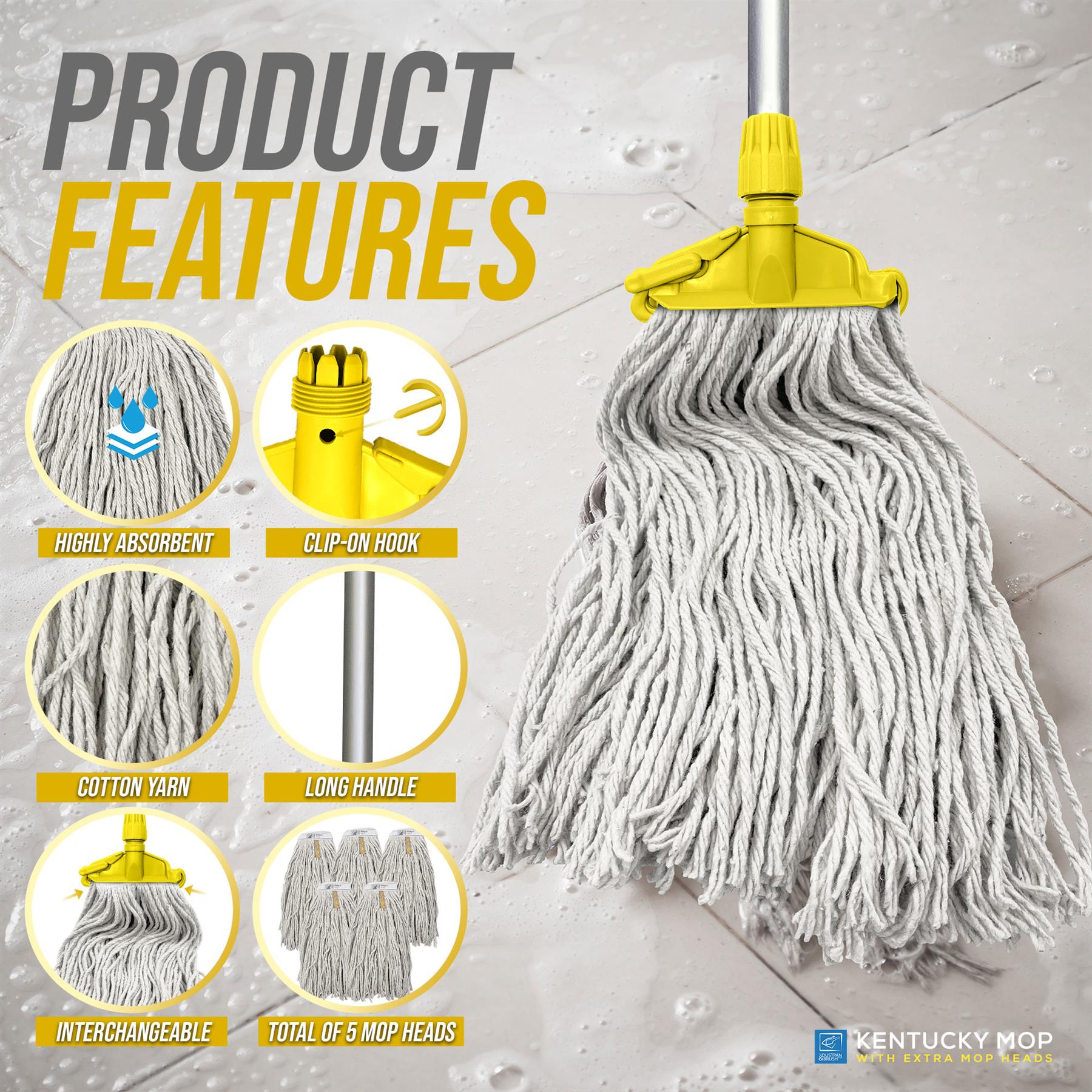 Yellow Kentucky Mop Set with 5 Mop Heads & Handle