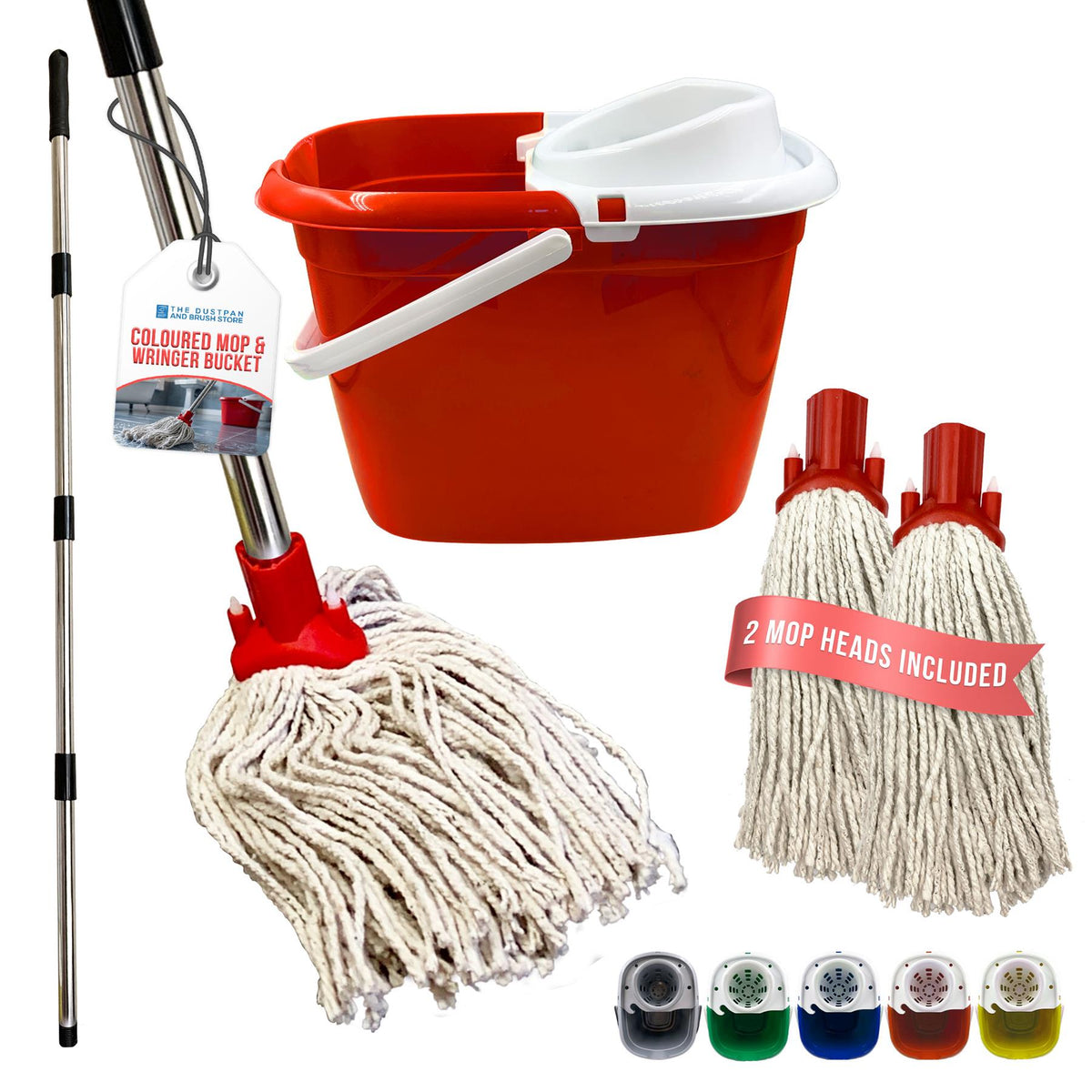 Red Mop Bucket Set with 2 Cotton Mop Heads & Handle