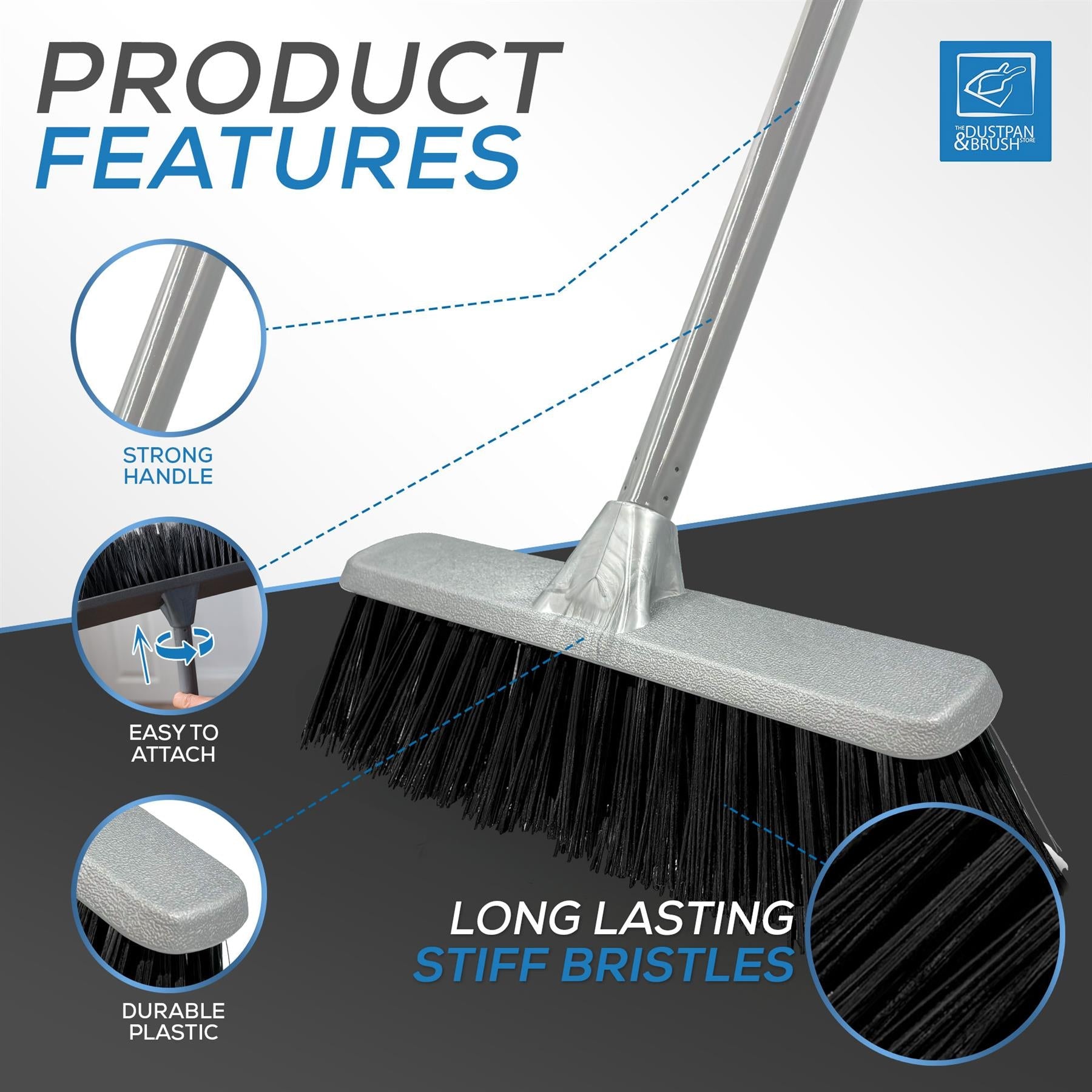 Silver Indoor Stiff Sweeping Brush Head and Handle Kitchen Broom Floor Sweeper