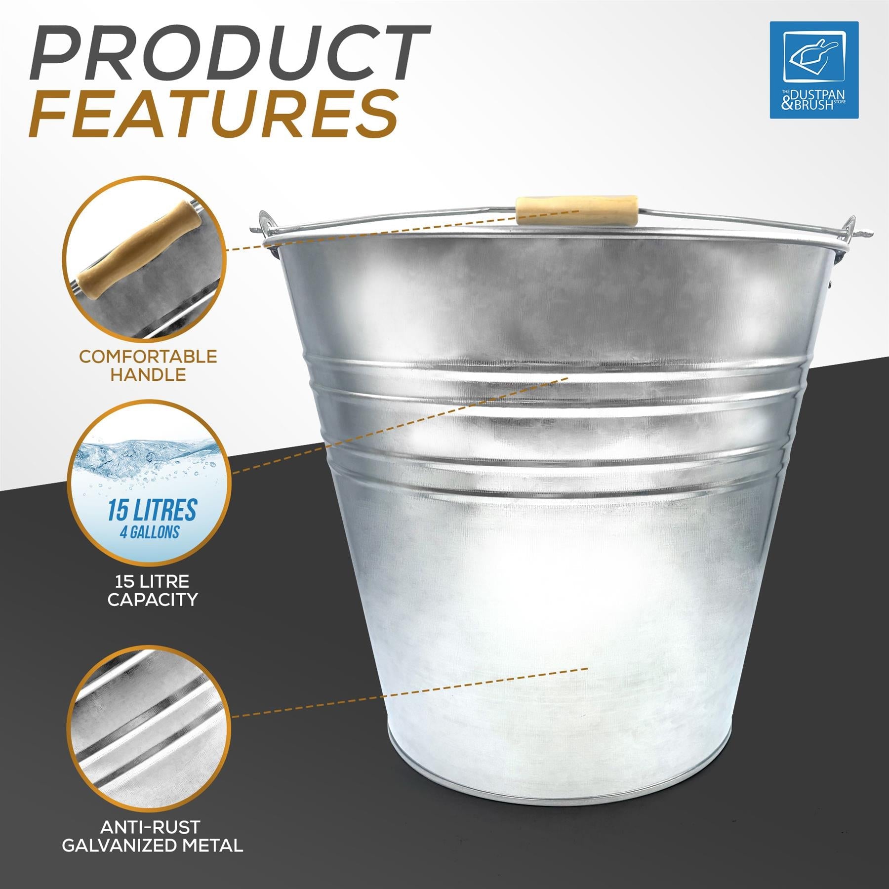 15 Litre Galvanised Steel Metal Bucket with Wooden Handle