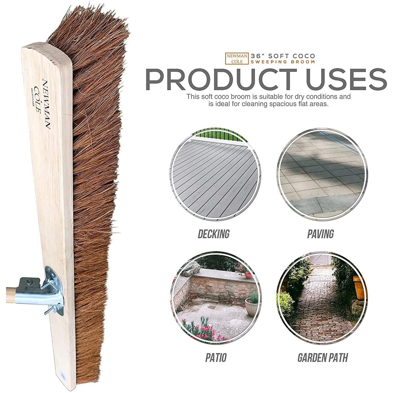 36" Soft Coco Broom with Handle – Large Area Sweeping Broom