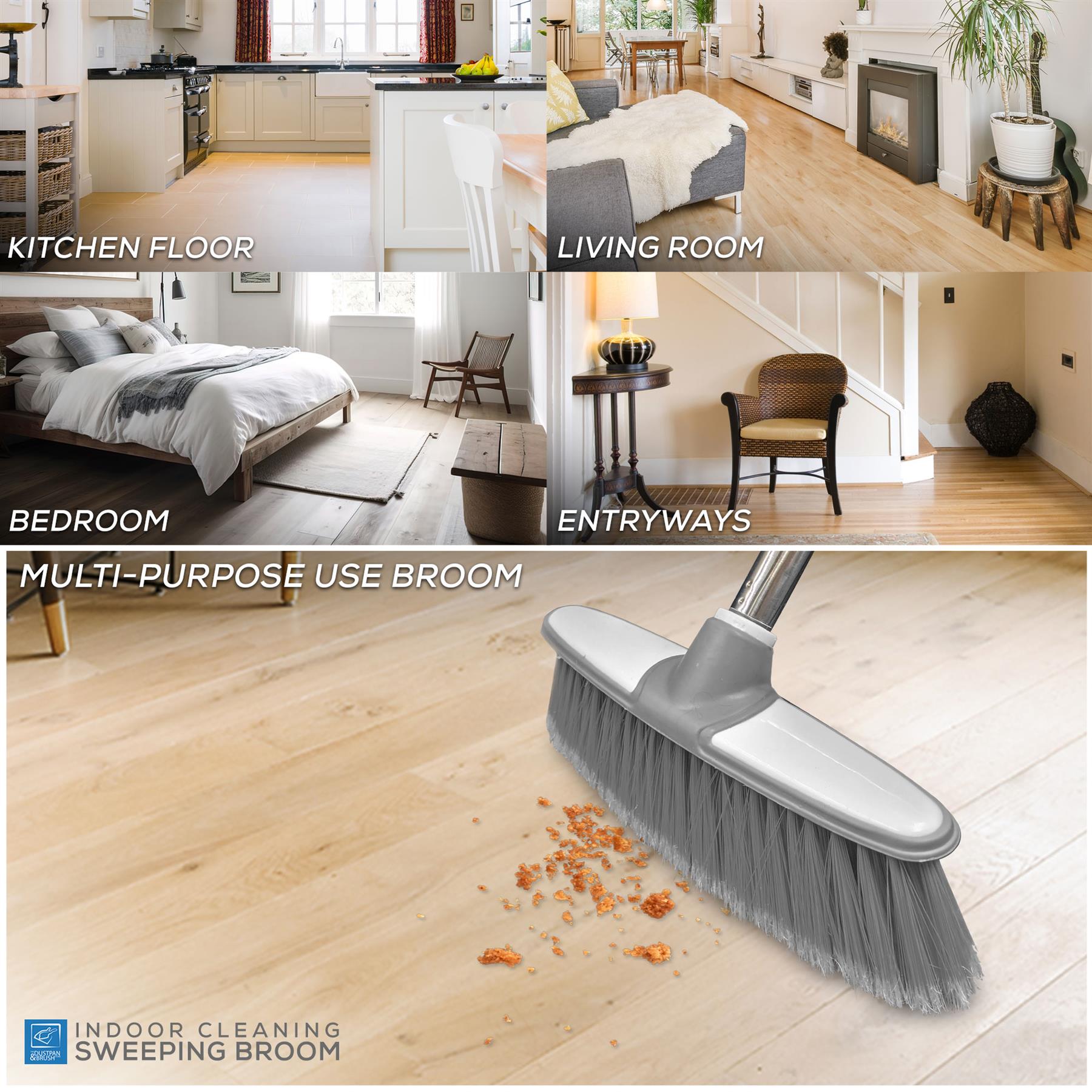 Grey & White Indoor Broom with 4 Piece Handle