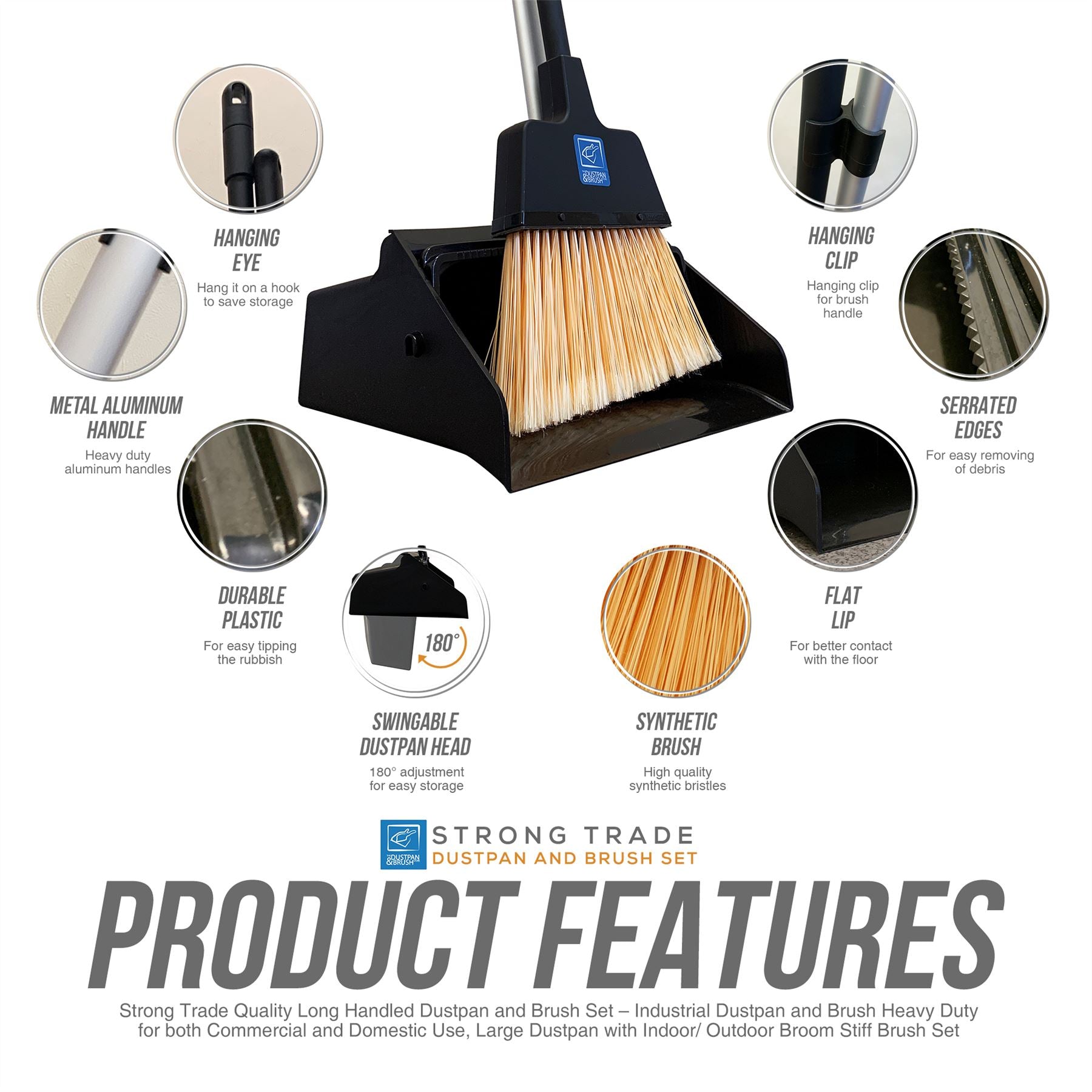 Trade Long Handled Dustpan and Brush Set | Stiff Bristle Heavy Duty