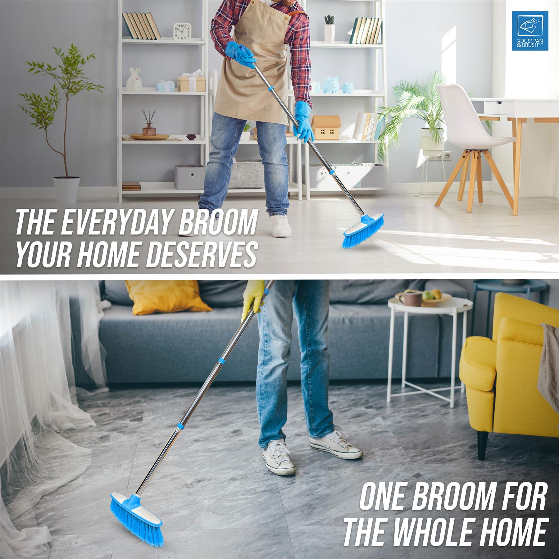 Blue & White Indoor Broom with 4 Piece Stainless Steel Handle