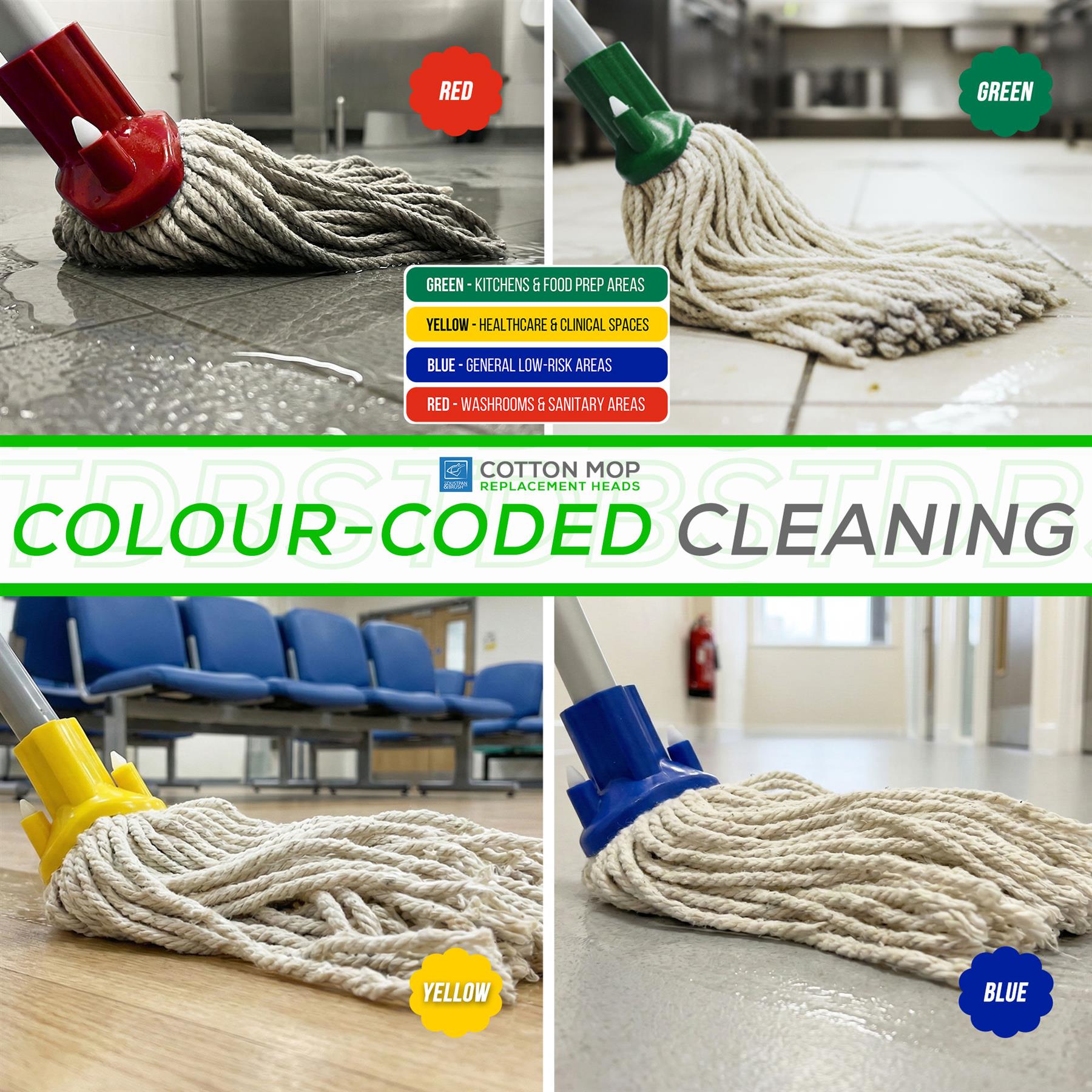 Green Cotton Mop Heads 12PY Pack of 5 | Colour Coded Cleaning
