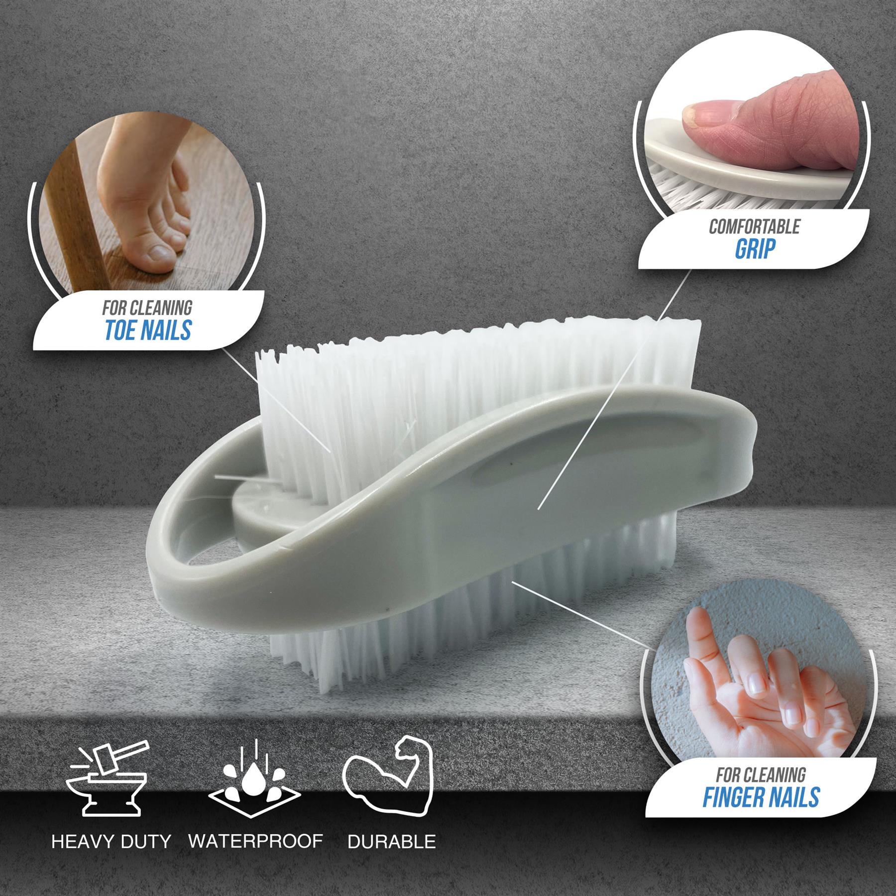 Silver Nail Brushes Pack of 3 | Plastic Hand Cleaning Brushes