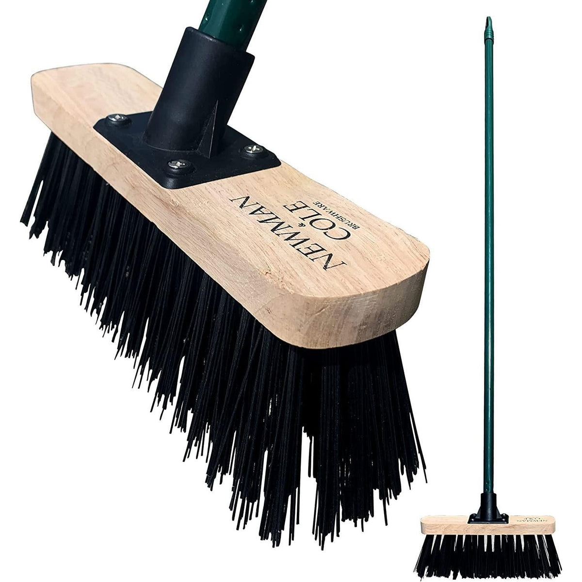 10" Newman and Cole PVC Broom Head with Screw Fit Bracket and Green Metal Handle