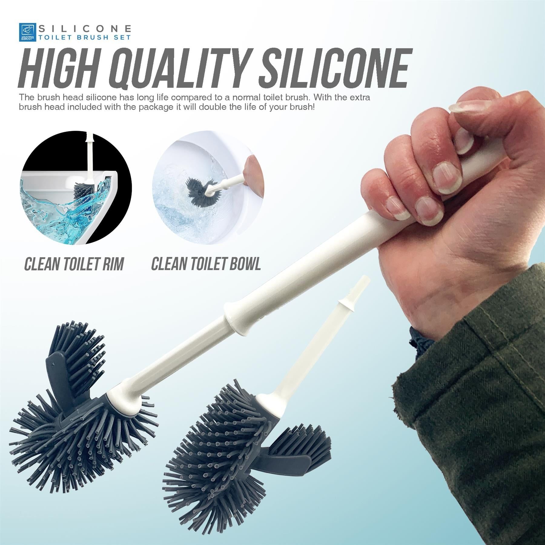 Silicone Toilet Brush Set with Spare Head & Rim Cleaner