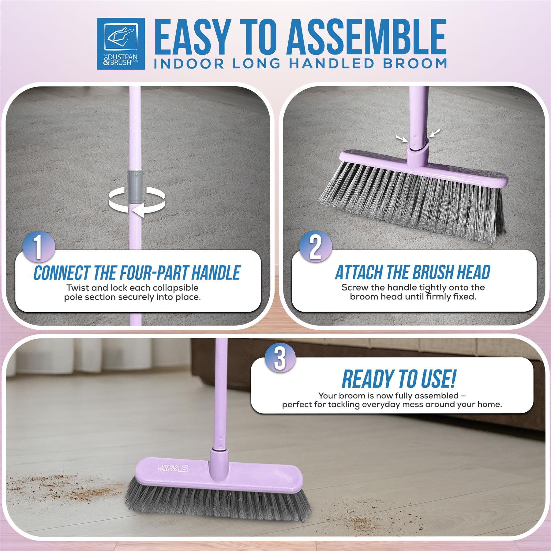 Indoor Sweeping Broom – Soft Bristle Floor Brush Duck Egg or Lilac