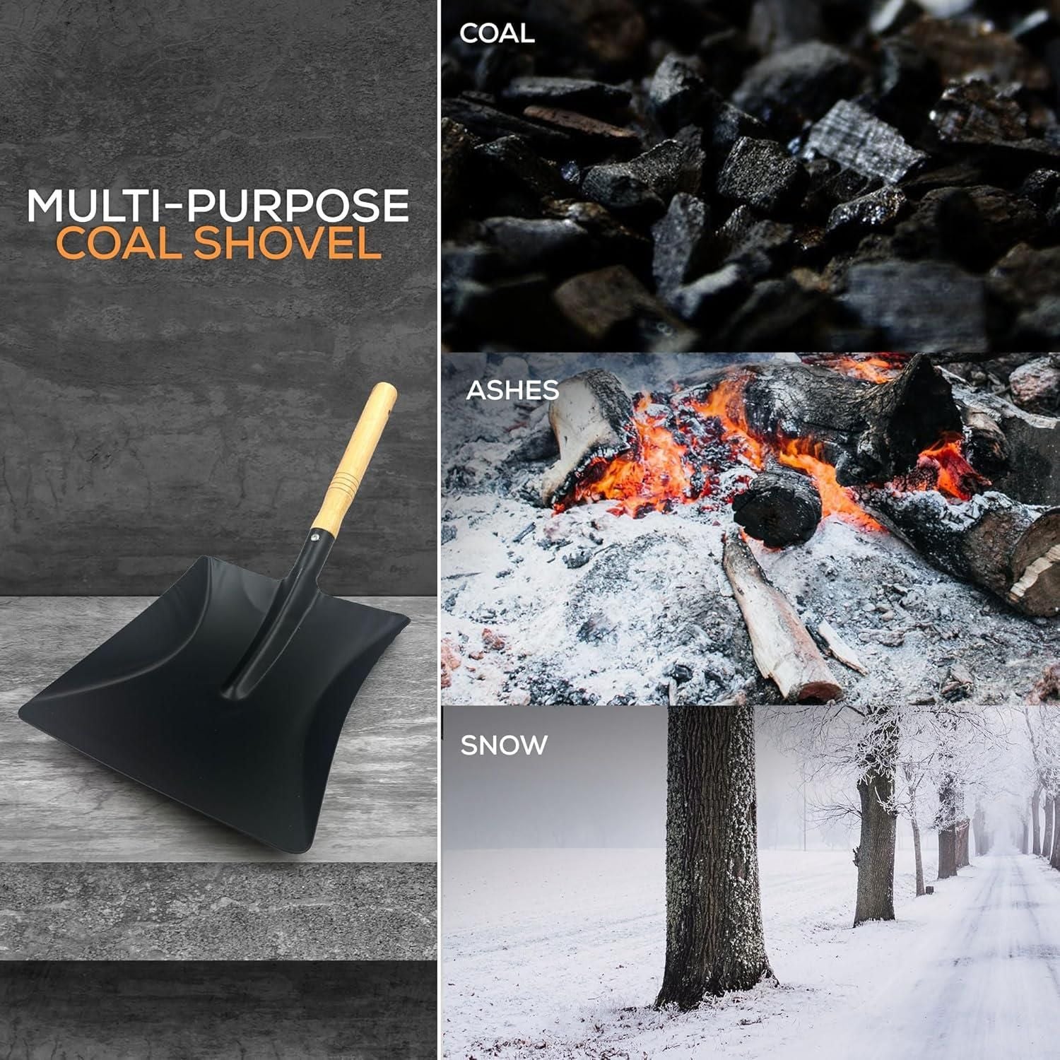 9" Galvanised Black Coal Shovel and Wooden Handle