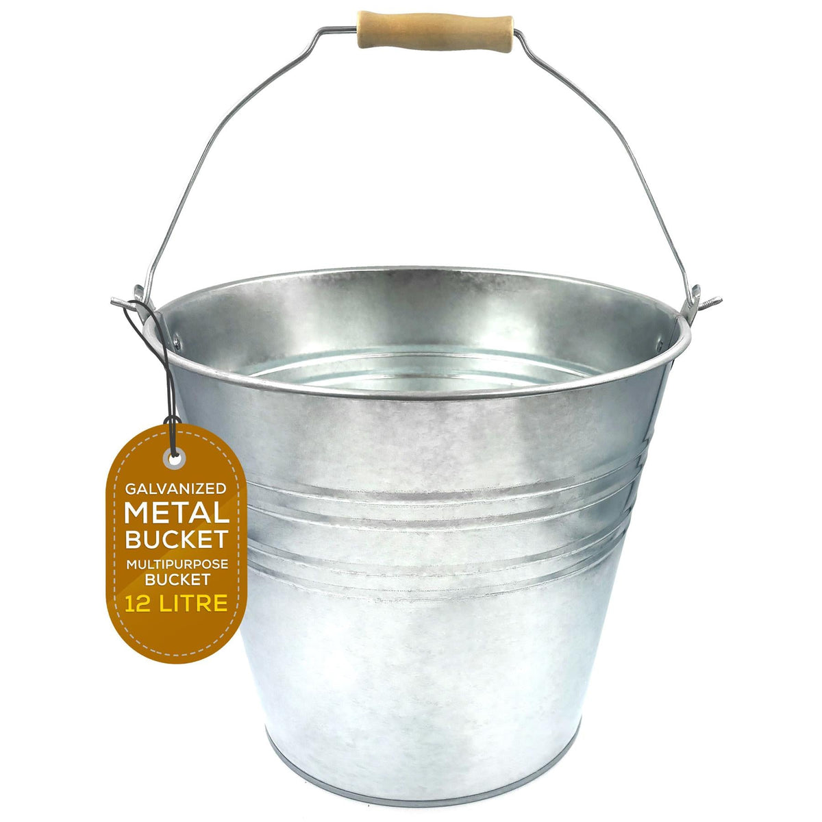 12L Galvanised Steel Bucket with Wooden Handle | Metal Bucket