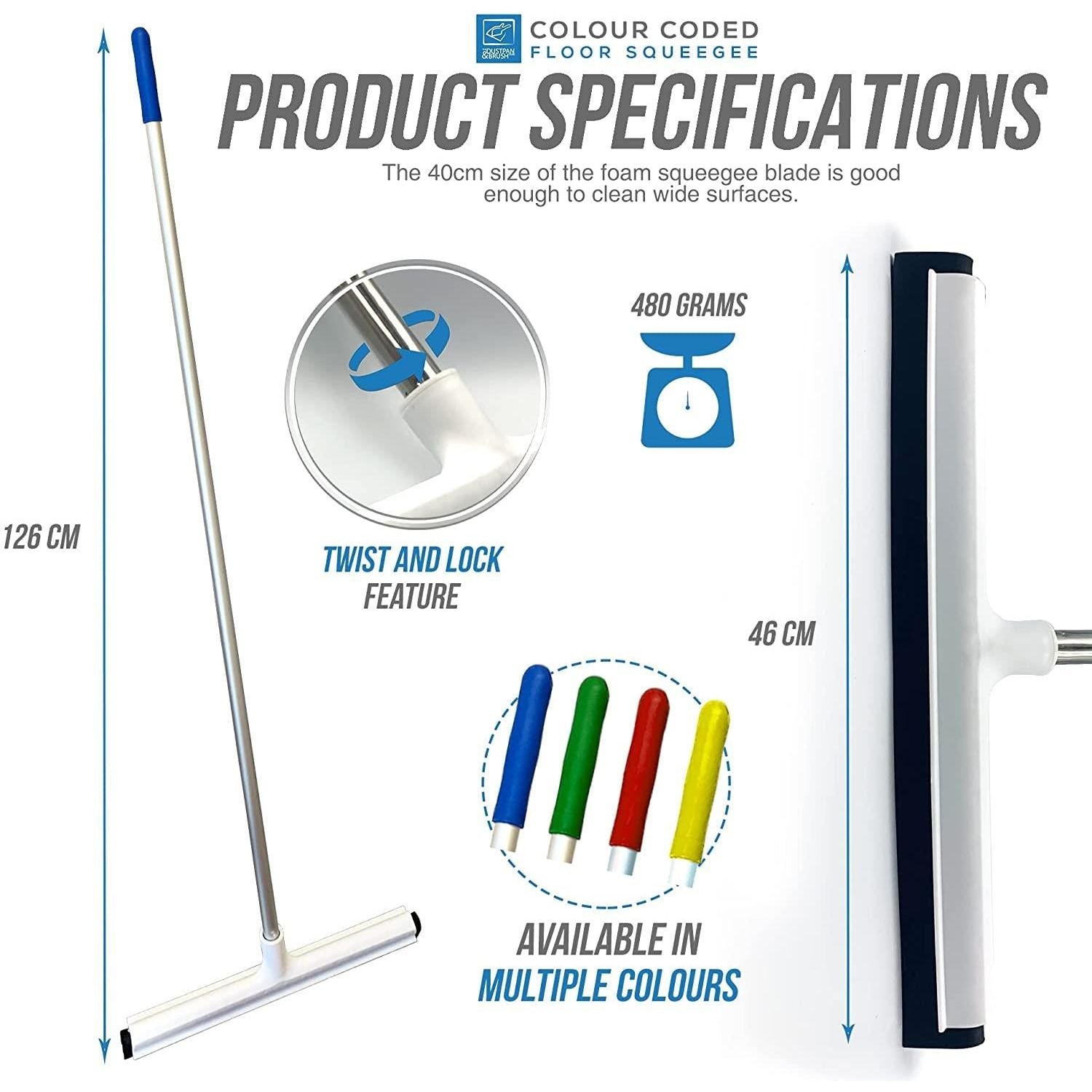 Colour Coded 18" Floor Squeegee with Aluminium Handle