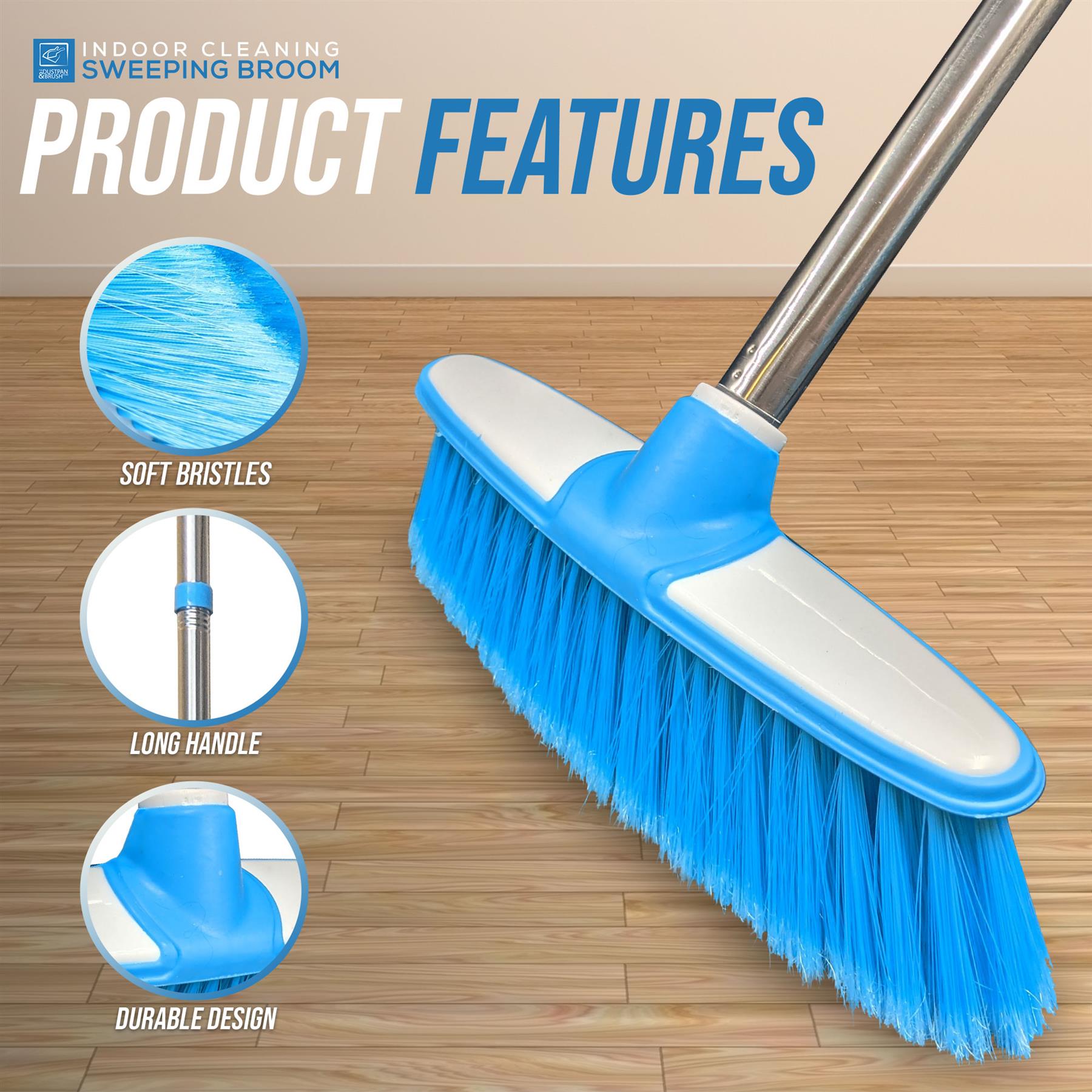 Blue & White Indoor Broom with 4 Piece Stainless Steel Handle