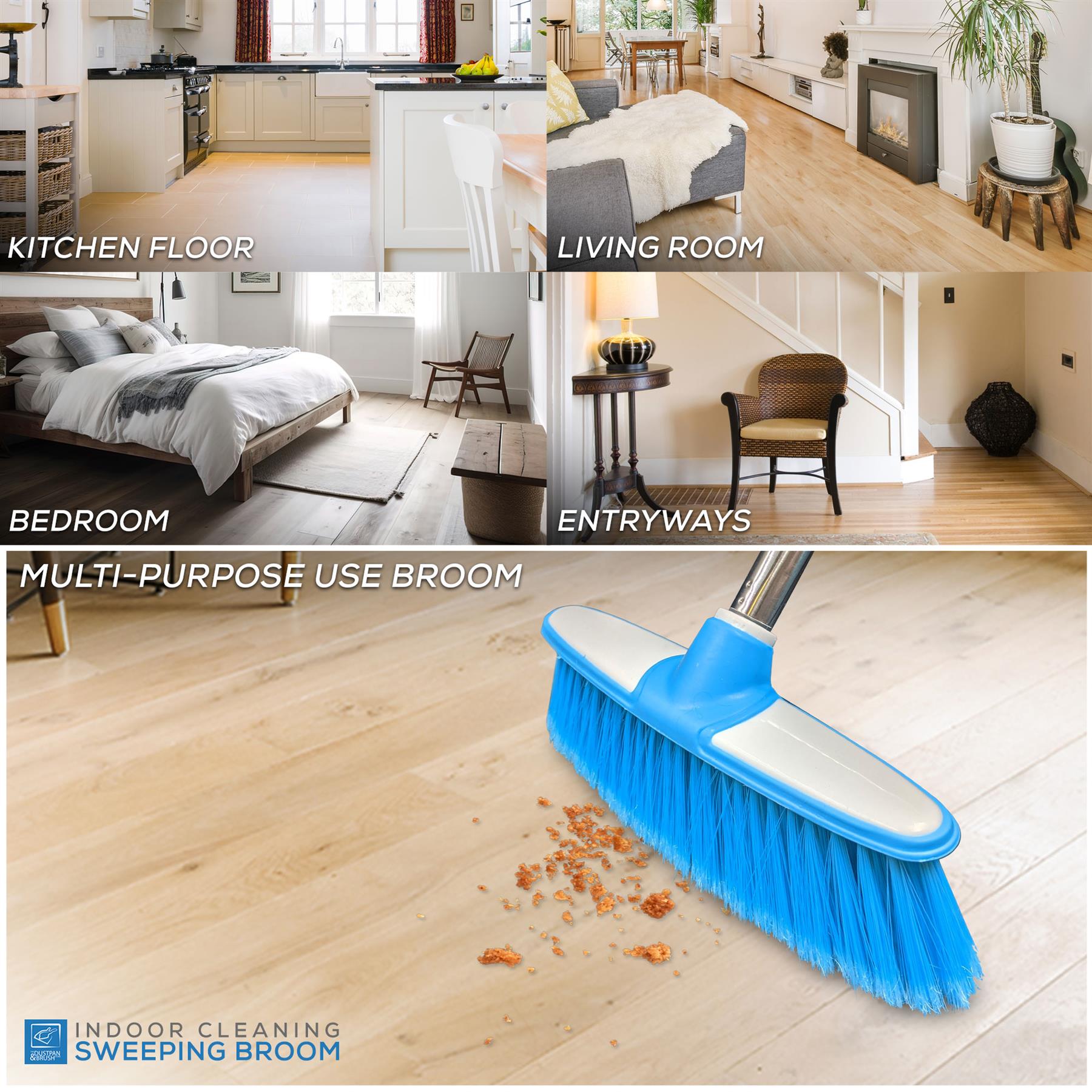 Blue & White Indoor Broom with 4 Piece Stainless Steel Handle
