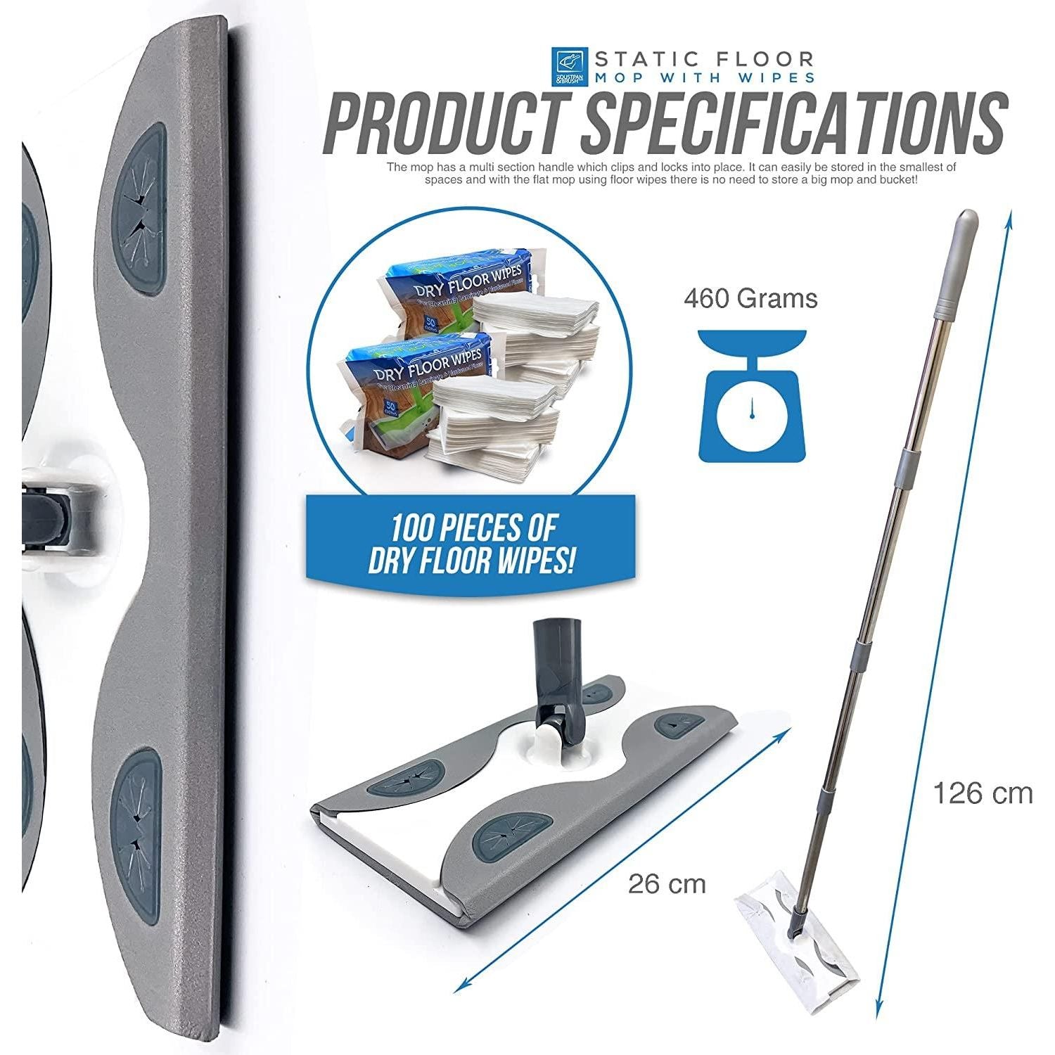 Static Floor Mop with 2 Packs of 50 Dry Wipes