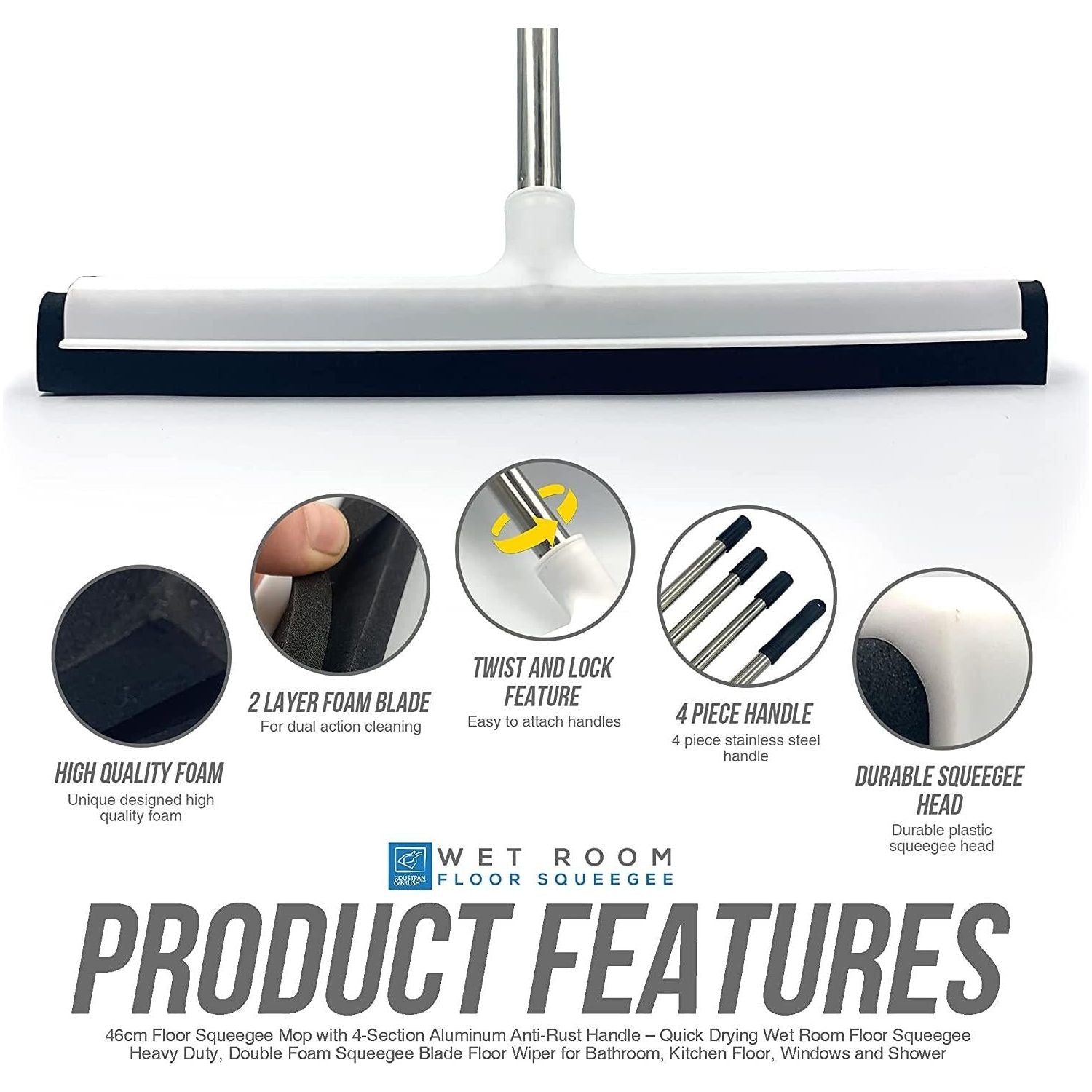 Floor Squeegee with 4 Piece Stainless Steel Handle